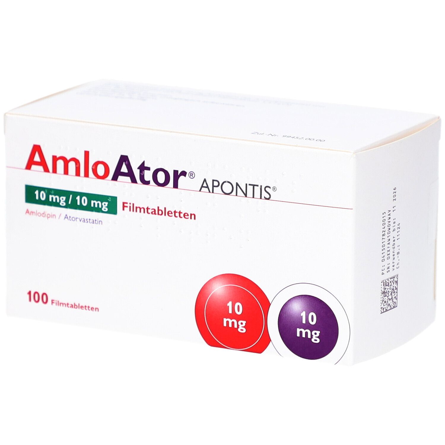 Schachtel mit AMLOATOR APONTIS Filmtabletten. Aufschrift: 10 mg/10 mg, 100 Filmtabletten. Rote und violette Kreise mit "10 mg".