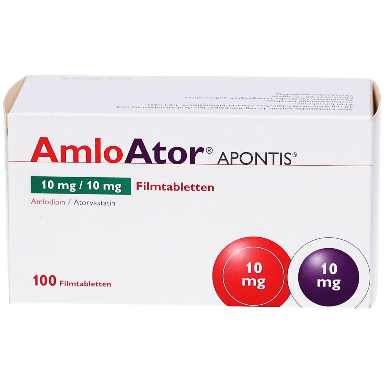 Weißer Karton mit rotem und violettem Kreis. Schriftzug: AmlOAtor APONTIS, 10 mg/10 mg Filmtabletten, 100 Filmtabletten.