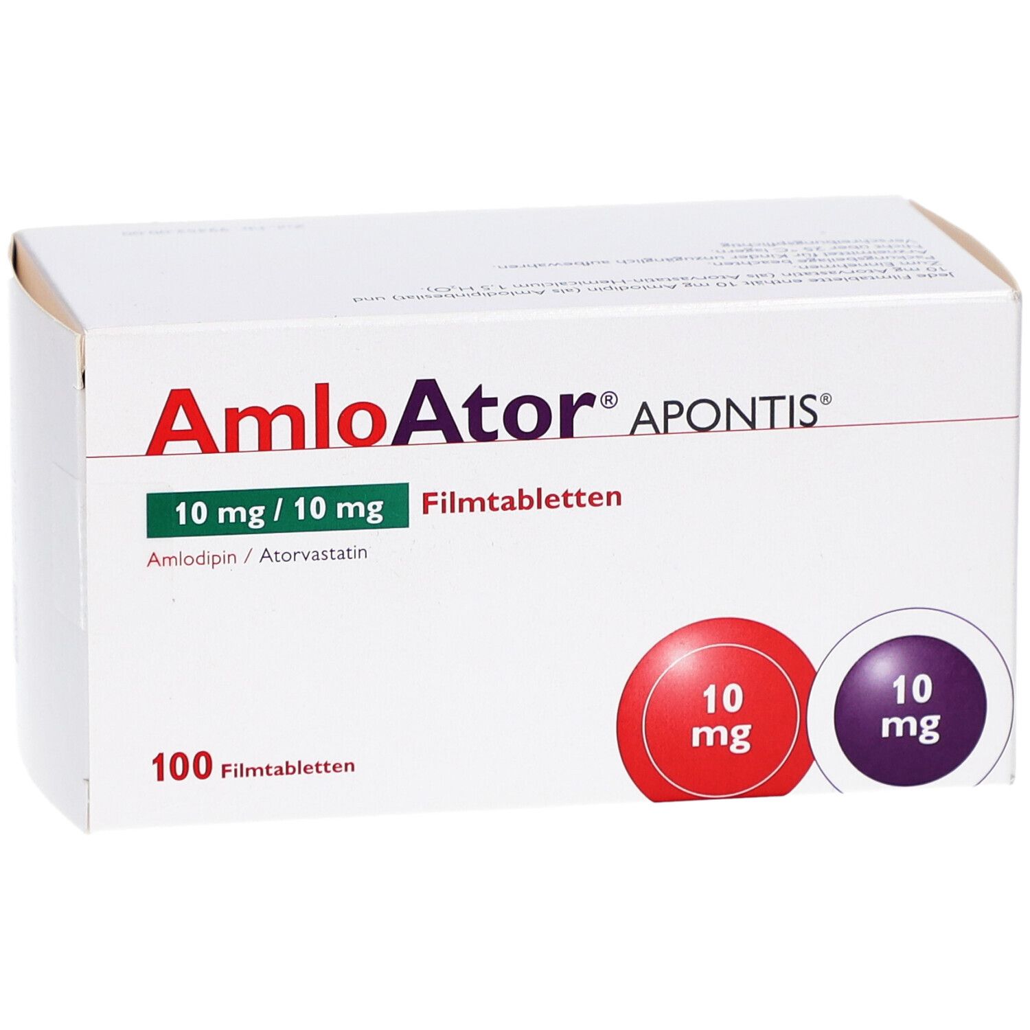 Schachtel mit AMLOATOR APONTIS Filmtabletten. Aufschrift: 10 mg/10 mg, 100 Filmtabletten. Rote und violette Kreise mit "10 mg".