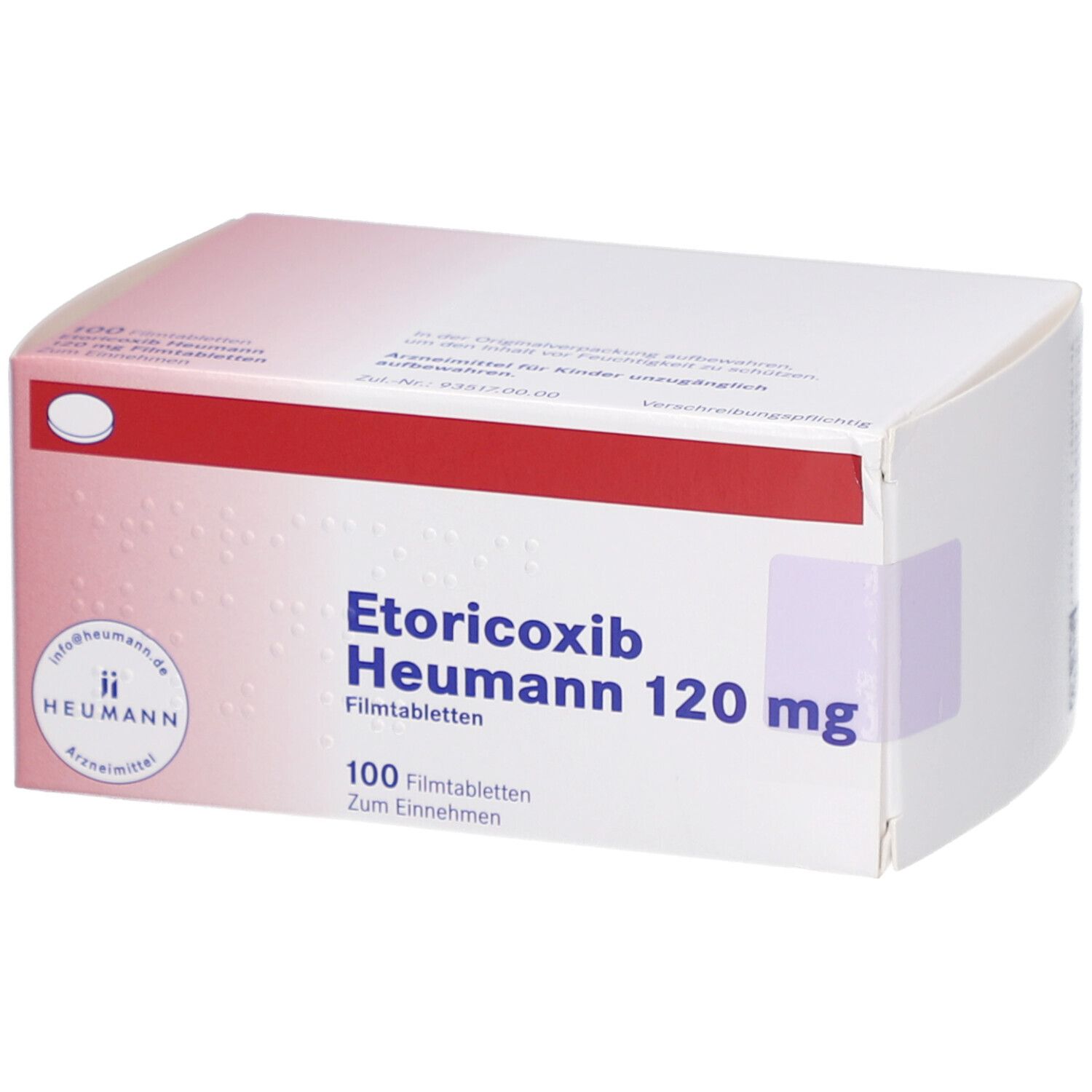 Weiße Faltschachtel mit rotem Streifen. Beschriftung: Etoricoxib Heumann 120 mg Filmtabletten. 100 Filmtabletten. Heumann Logo.