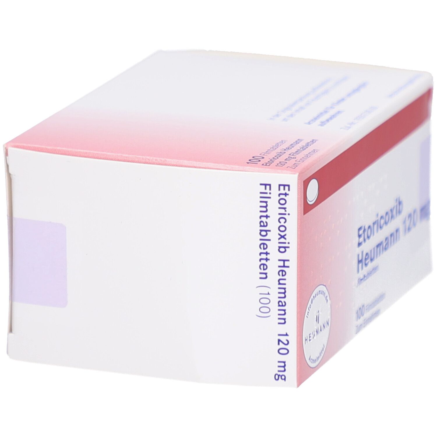 Seitenansicht der weißen Faltschachtel mit rotem Streifen. Beschriftung: Etoricoxib Heumann 120 mg Filmtabletten (100).