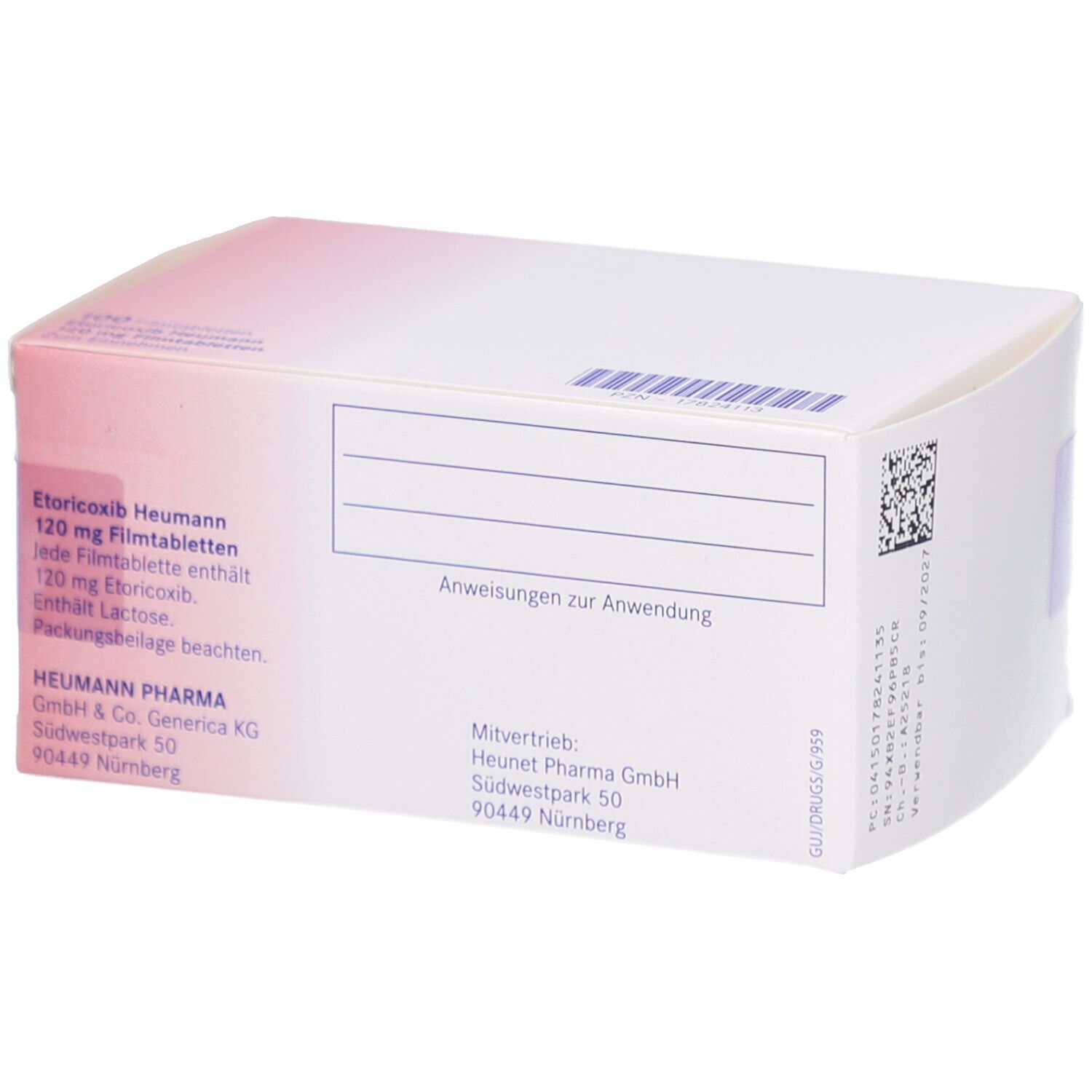 Rückseite der weißen Faltschachtel. Beschriftung: Etoricoxib Heumann 120 mg Filmtabletten. Herstellerinformationen und Anweisungen.