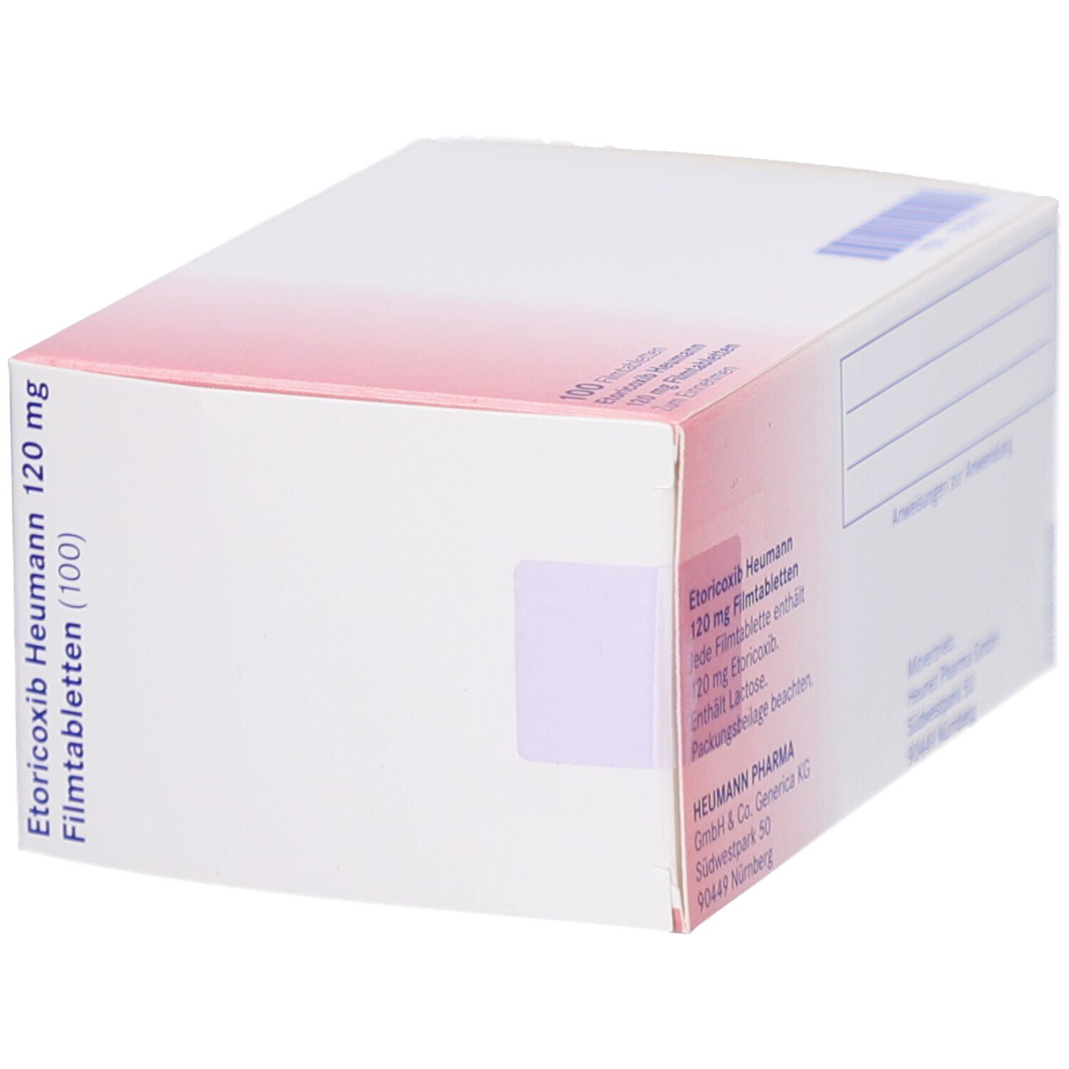 Seitenansicht der weißen Faltschachtel. Beschriftung: Etoricoxib Heumann 120 mg Filmtabletten (100).