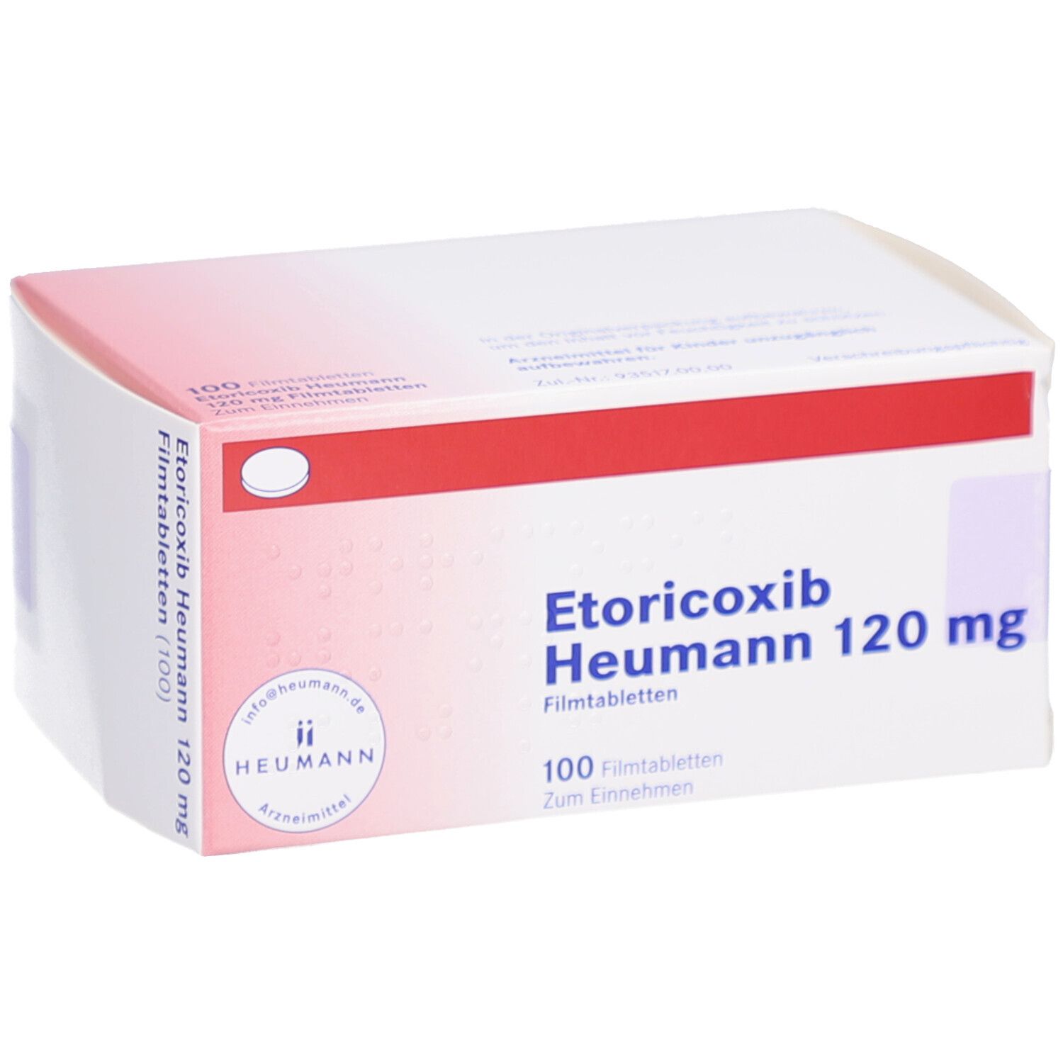 Weiße Faltschachtel mit rotem Streifen. Beschriftung: Etoricoxib Heumann 120 mg Filmtabletten. 100 Filmtabletten. Heumann Logo.