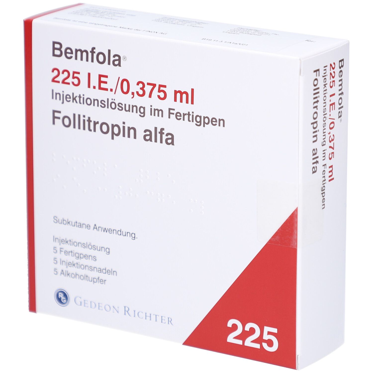 Weiße Verpackung mit rotem Akzent. Beschriftung: BEMFOLA 225 I.E./0,375 ml Injektionslösung im Fertigpen. Enthält 5 Fertigpens, 5 Injektionsnadeln.