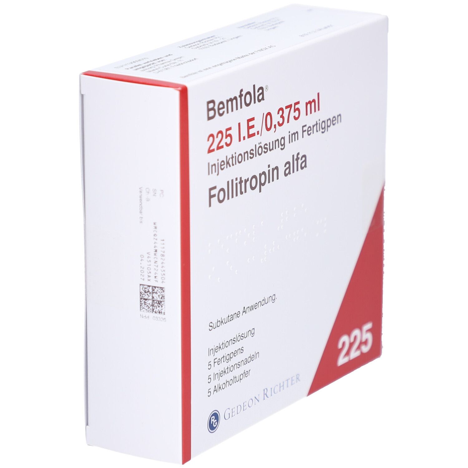 Weiße Verpackung mit rotem Akzent. Beschriftung: BEMFOLA 225 I.E./0,375 ml Injektionslösung im Fertigpen. Gedeon Richter Logo.