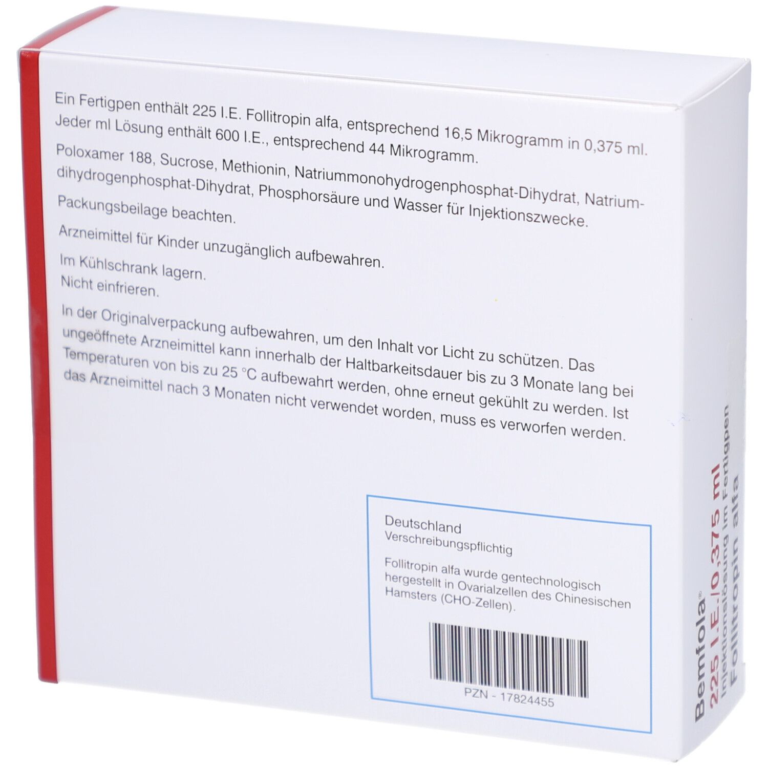 Rückseite der weißen Verpackung. Text: Zusammensetzung, Anwendungshinweise, Lagerung. PZN-17824455. Text: Deutschland. Herstellung in CHO-Zellen.
