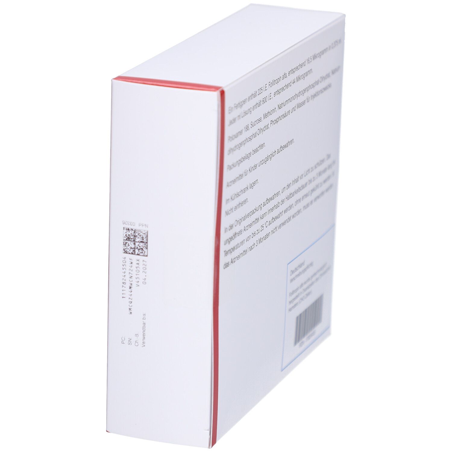 Weiße Verpackung, Seitenansicht. Text: BEMFOLA 225 I.E./0,375 ml. Barcode und Chargennummer. Roter Akzent.