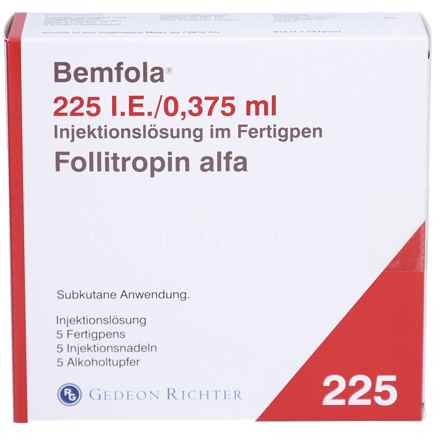 Weiße Verpackung mit rotem Akzent. Beschriftung: BEMFOLA 225 I.E./0,375 ml Injektionslösung im Fertigpen. Enthält 5 Fertigpens, 5 Injektionsnadeln.