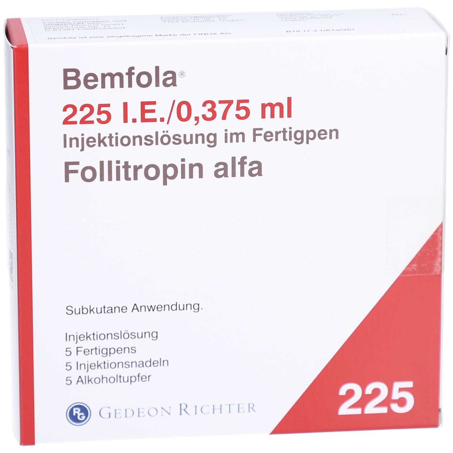 Weiße Verpackung mit rotem Akzent. Beschriftung: BEMFOLA 225 I.E./0,375 ml Injektionslösung im Fertigpen. Enthält 5 Fertigpens, 5 Injektionsnadeln.