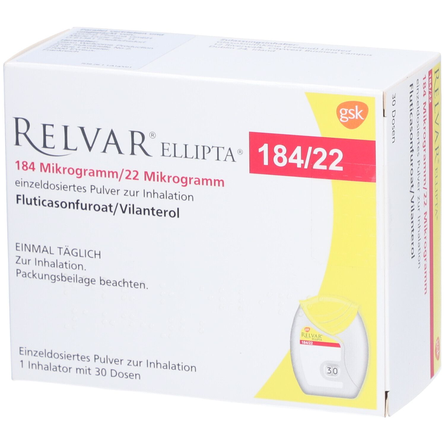 Schachtel RELVAR Ellipta 184/22. Aufschrift: 184 Mikrogramm/22 Mikrogramm, Fluticasonfuroat/Vilanterol. Einzelinhalator mit 30 Dosen.