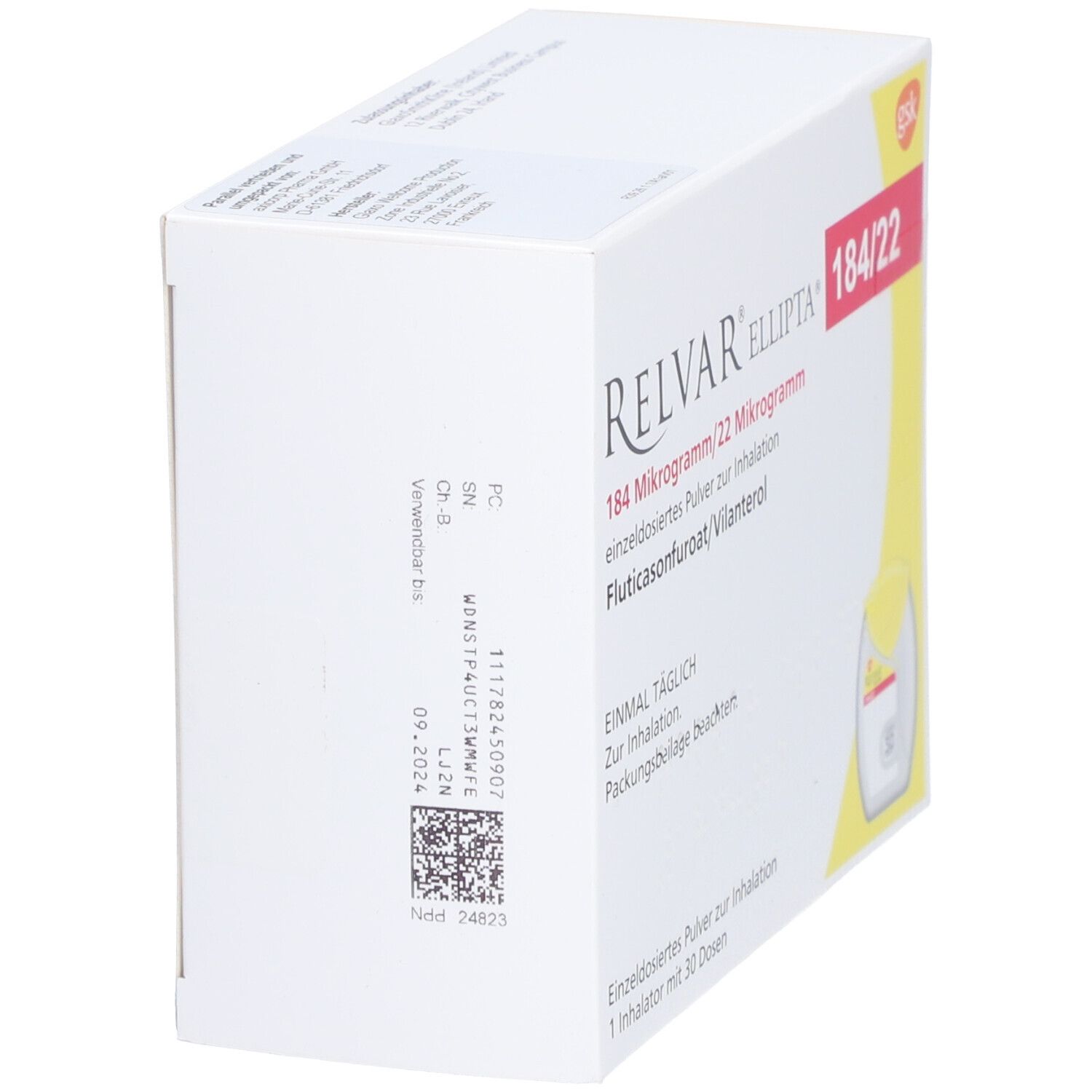 Weiße Schachtel RELVAR Ellipta 184/22. Aufdrucke: Chargennummer, Verfallsdatum, Barcode. Rückansicht.