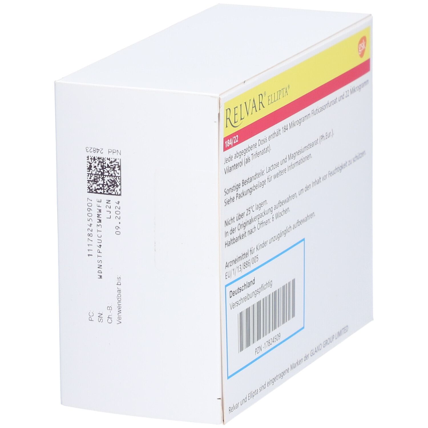 Schachtel RELVAR Ellipta 184/22. Aufschrift: Dosierung, Inhaltsstoffe, Lagerungshinweise. Barcode und PZN-Nummer. Rückansicht.