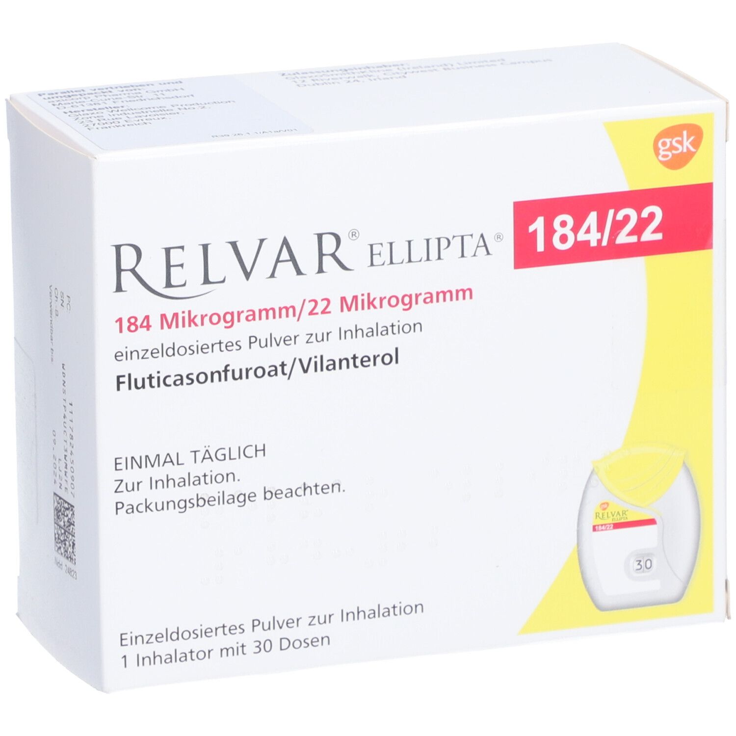 Schachtel RELVAR Ellipta 184/22. Aufschrift: 184 Mikrogramm/22 Mikrogramm, Fluticasonfuroat/Vilanterol. Einzelinhalator mit 30 Dosen.