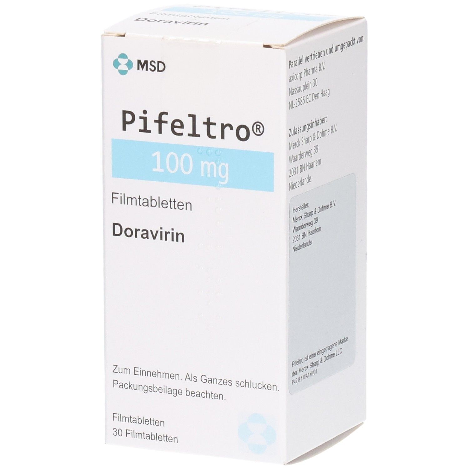 Schachtel mit "Pifeltro 100 mg Filmtabletten". Blaue Schrift auf weißem Hintergrund. MSD-Logo.