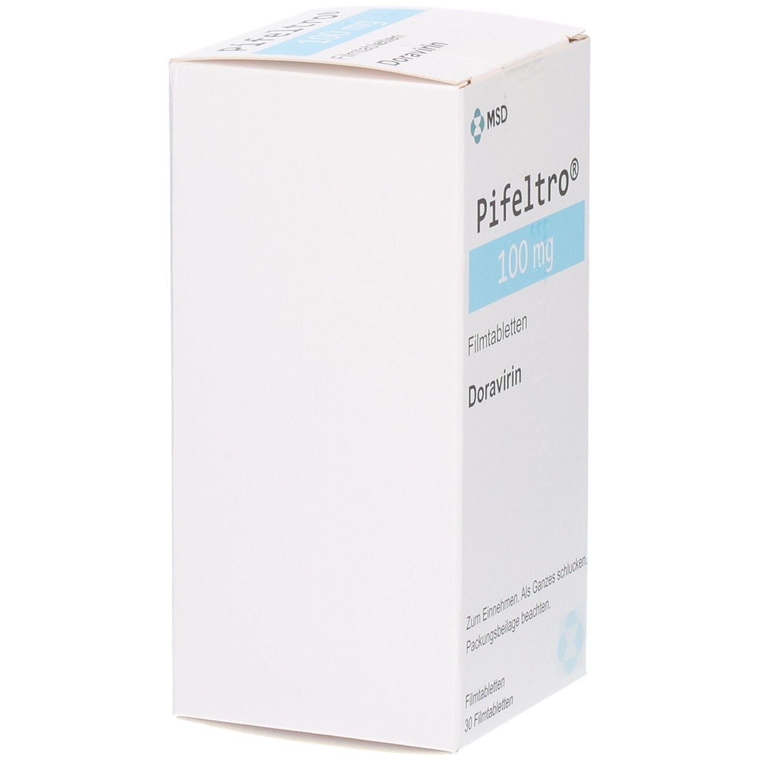 Weiße Schachtel mit blauer Schrift. "Pifeltro 100 mg Filmtabletten" und MSD-Logo.