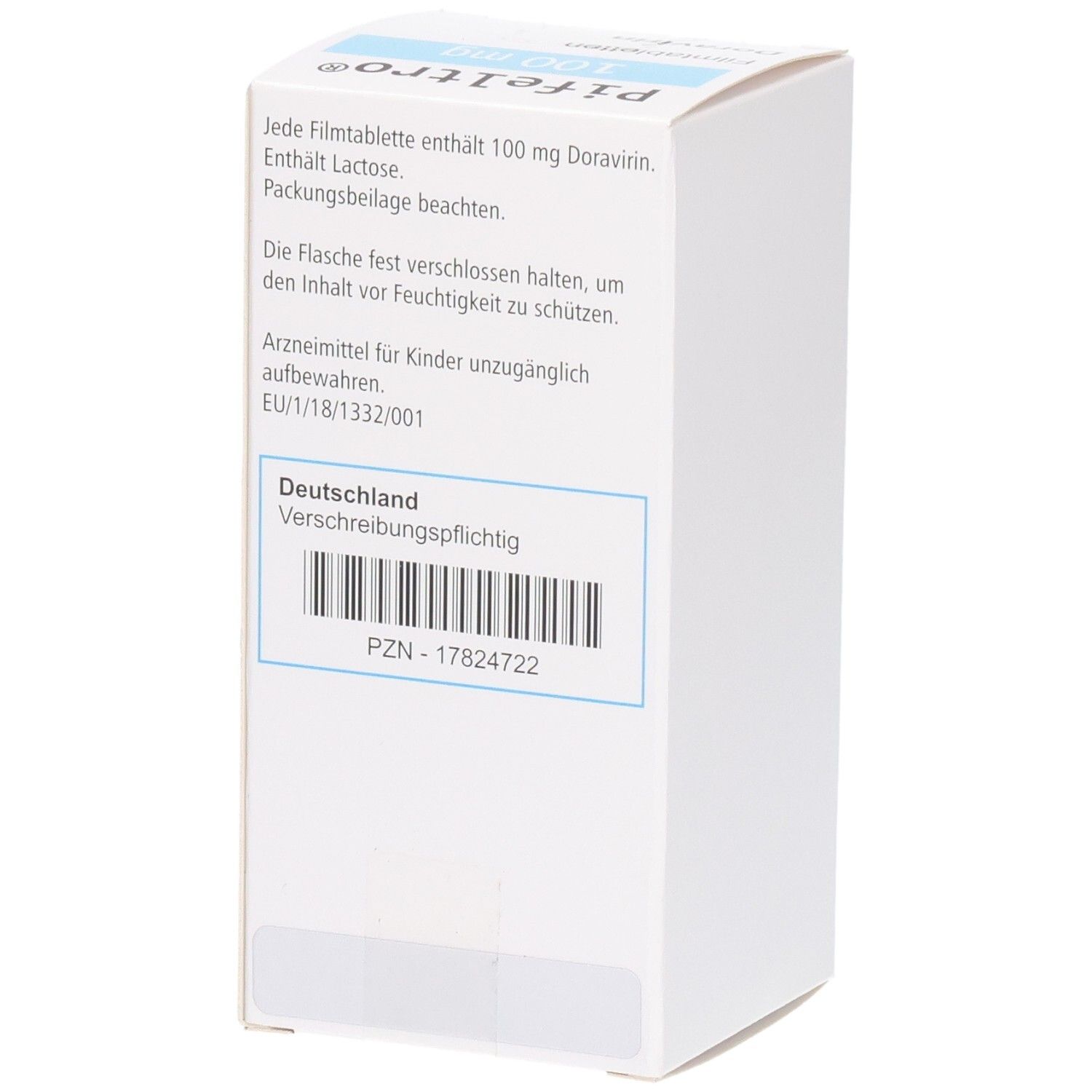 Rückseite der Schachtel. Text in deutscher Sprache. Barcode und Informationen.