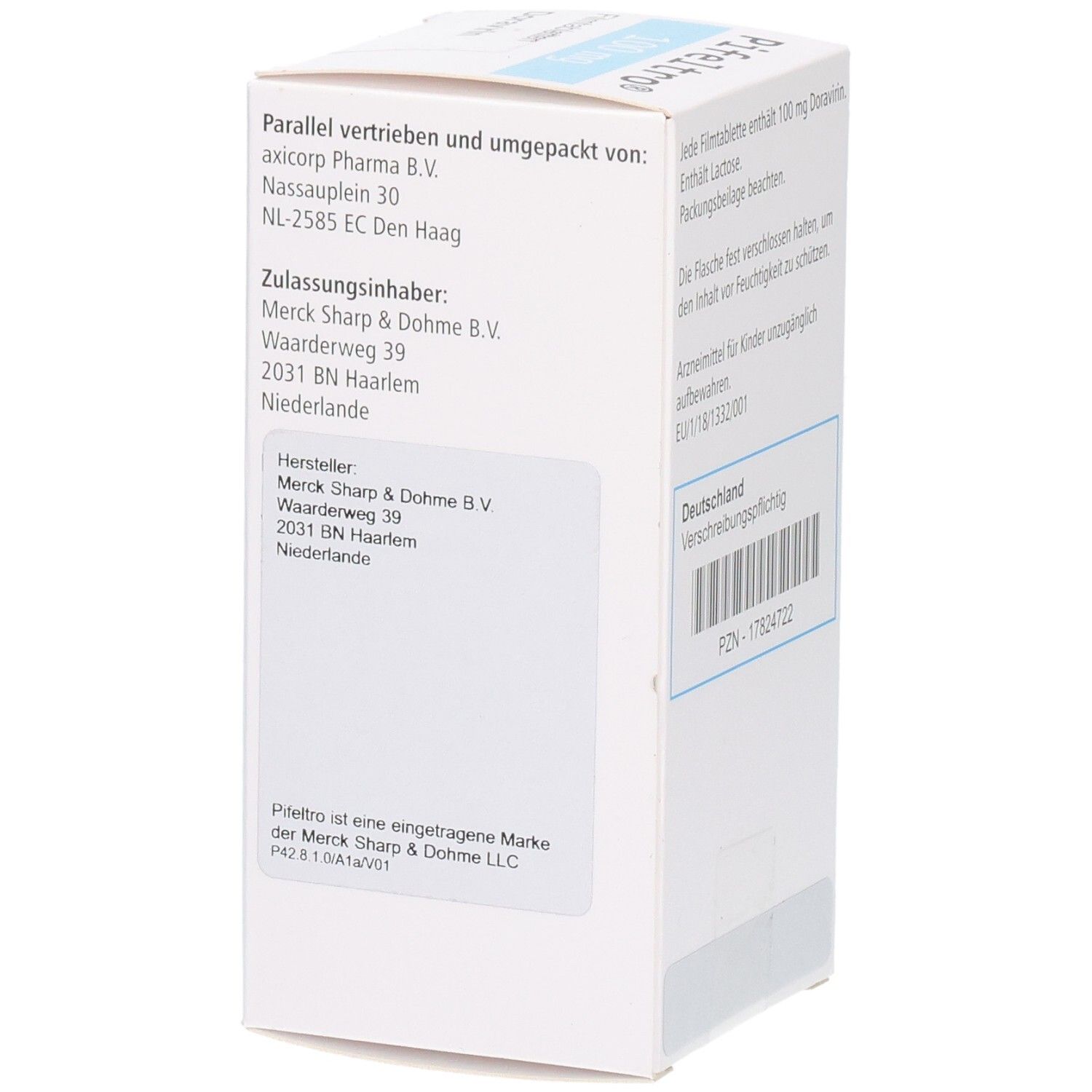 Seite der Schachtel mit Text. Informationen zu Hersteller und Vertrieb.