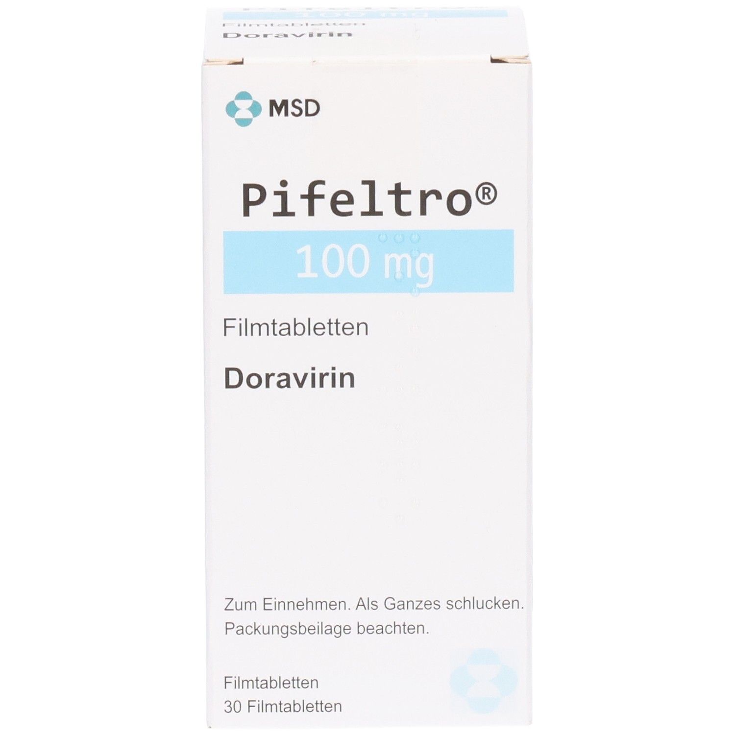 Schachtel mit "Pifeltro 100 mg Filmtabletten". Blaue Schrift auf weißem Hintergrund. MSD-Logo.