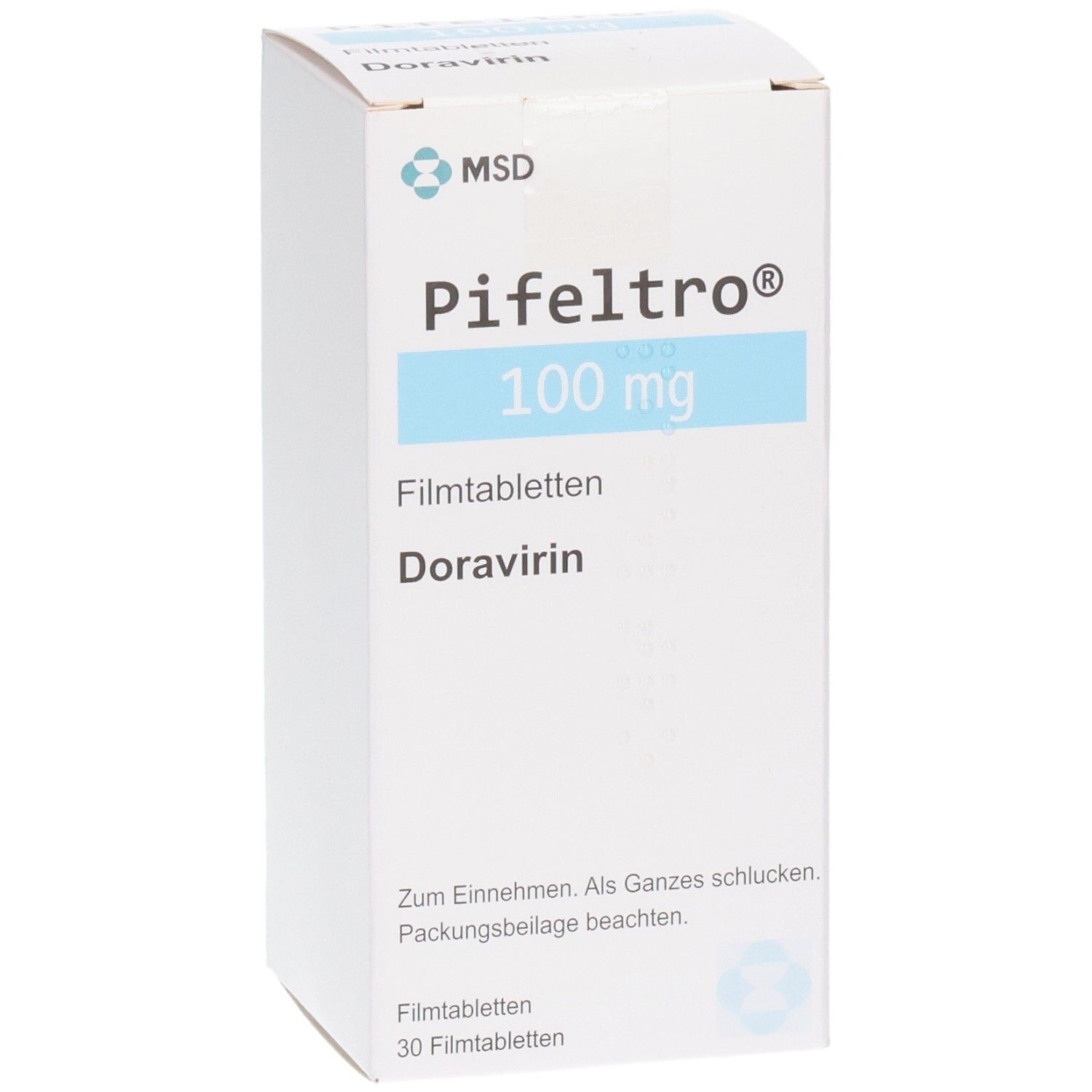 Schachtel mit "Pifeltro 100 mg Filmtabletten". Blaue Schrift auf weißem Hintergrund. MSD-Logo.