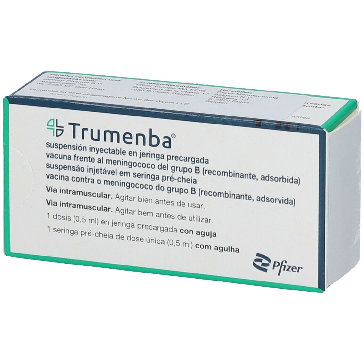 Karton mit Trumenba-Impfstoff. Text: Impfstoff gegen Meningokokken-Gruppe B. Pfizer-Logo.