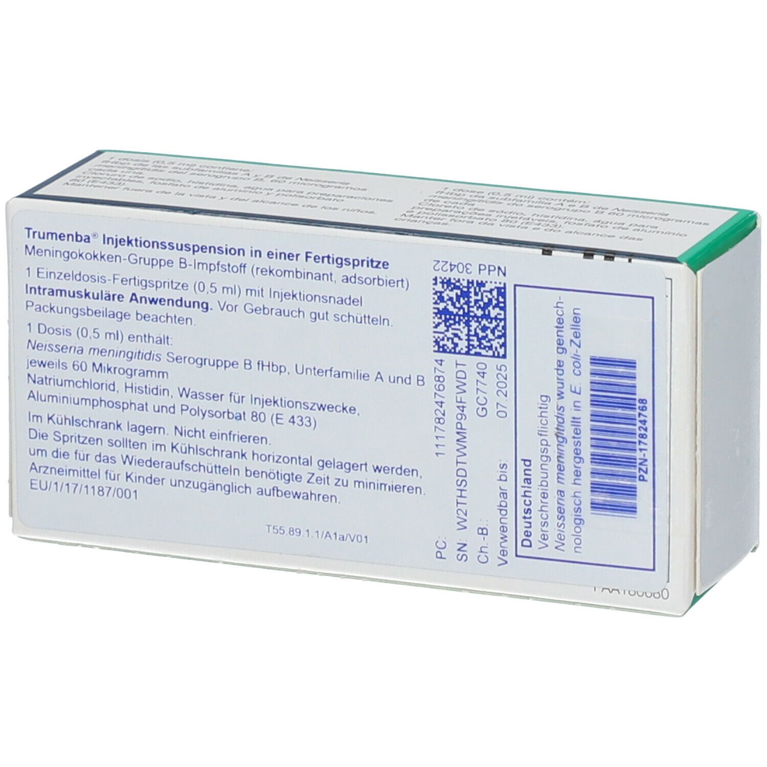 Rückseite der Trumenba-Verpackung. Text: Impfstoff, Dosierung, Herstellerinformationen, Chargennummer.