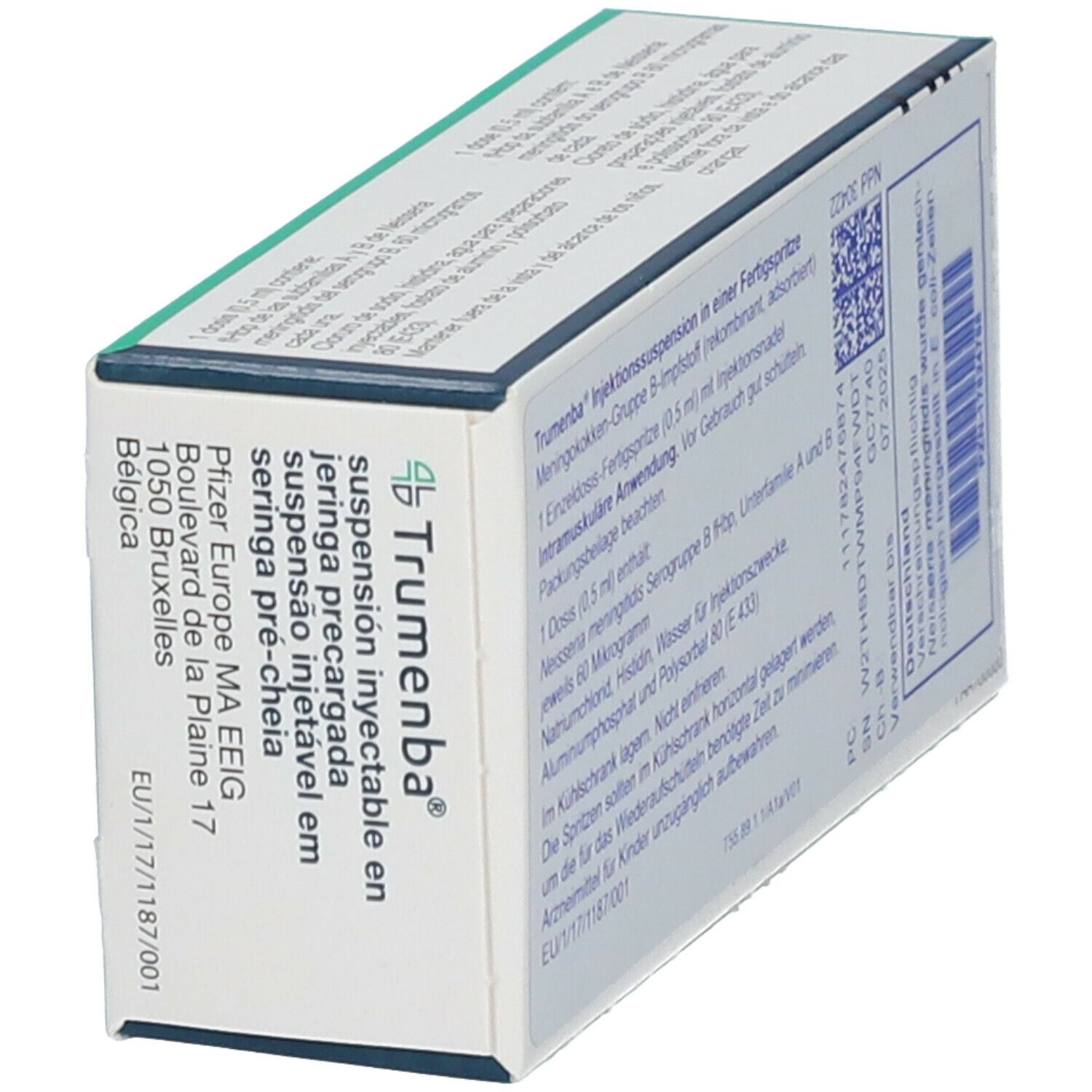 Schräg gestellte Verpackung von Trumenba. Text: Impfstoff gegen Meningokokken-Gruppe B. Pfizer.