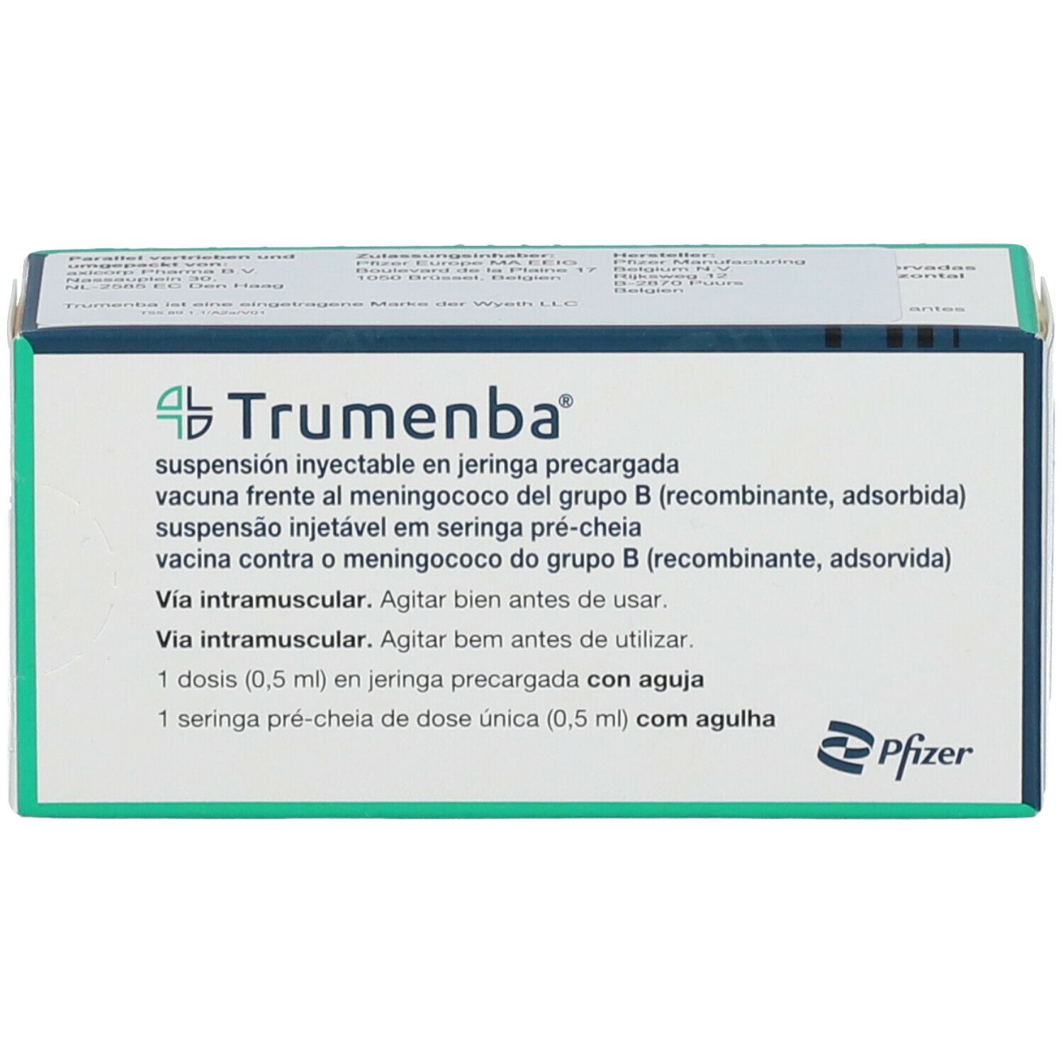Karton mit Trumenba-Impfstoff. Text: Impfstoff gegen Meningokokken-Gruppe B. Pfizer-Logo.