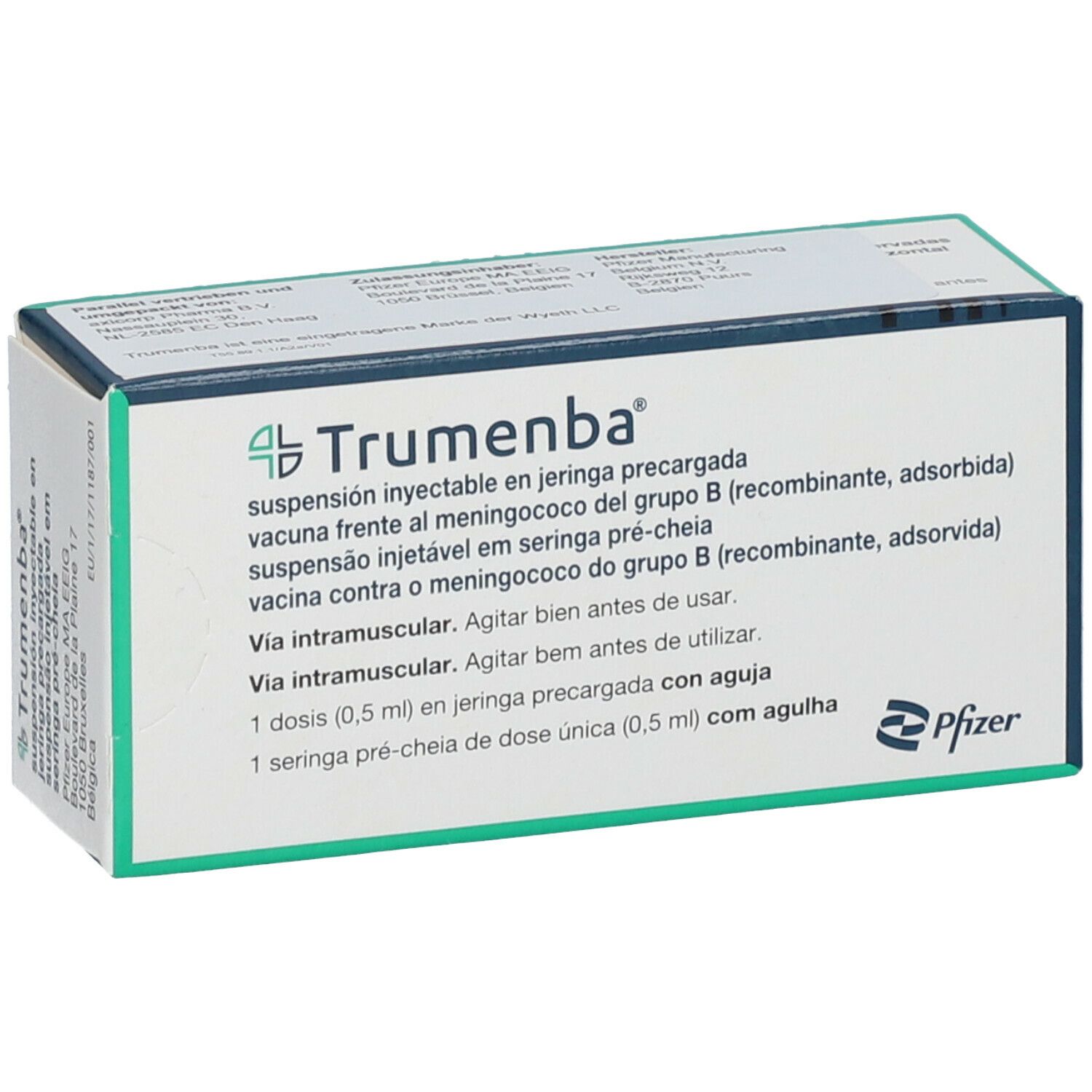 Karton mit Trumenba-Impfstoff. Text: Impfstoff gegen Meningokokken-Gruppe B. Pfizer-Logo.