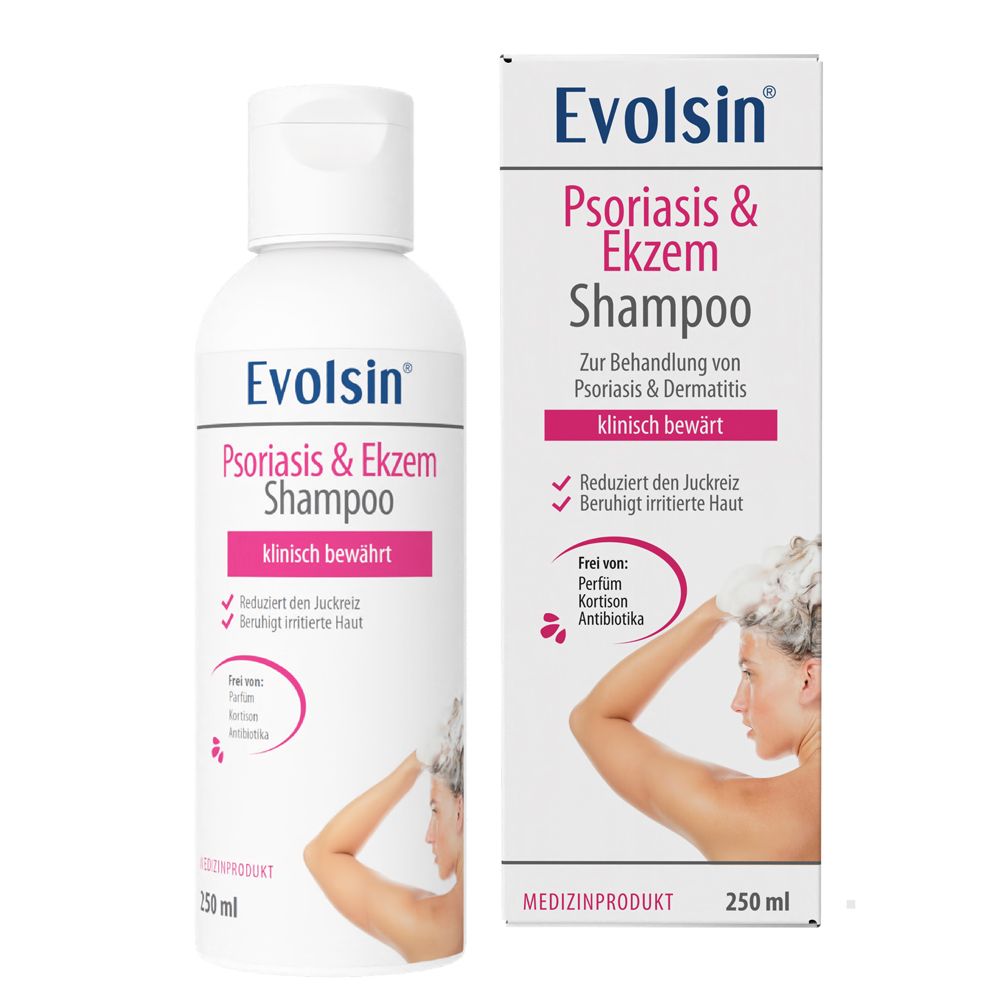 Evolsin Shampoo Flasche. Für Psoriasis & Ekzem.