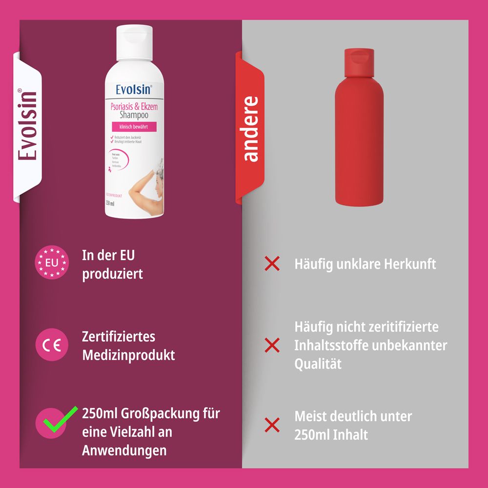 Evolsin Shampoo Flasche. Lindert Juckreiz, beruhigt Haut.