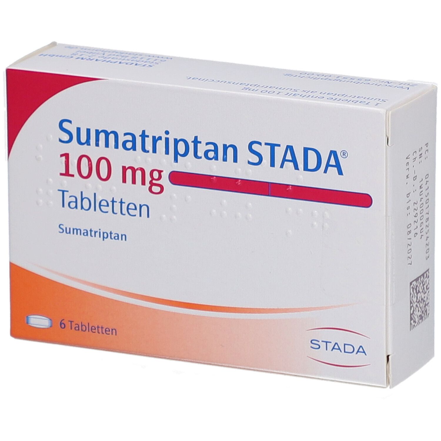 Schachtel mit Sumatriptan STADA 100 mg Tabletten. Sechs Tabletten. Rote und blaue Schrift auf weißem Hintergrund.