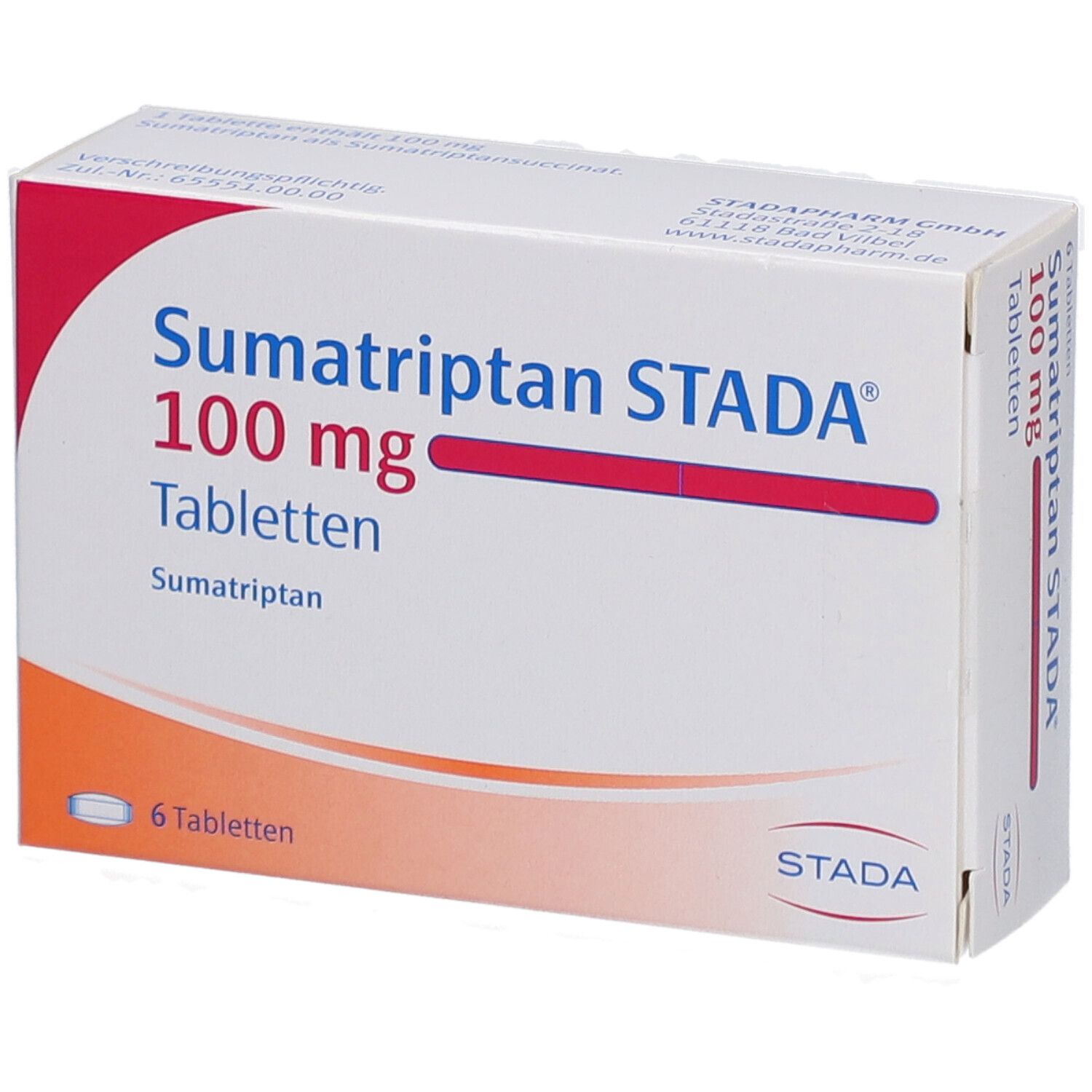 Schachtel mit Sumatriptan STADA 100 mg Tabletten. Sechs Tabletten. Rote und blaue Schrift auf weißem Hintergrund.