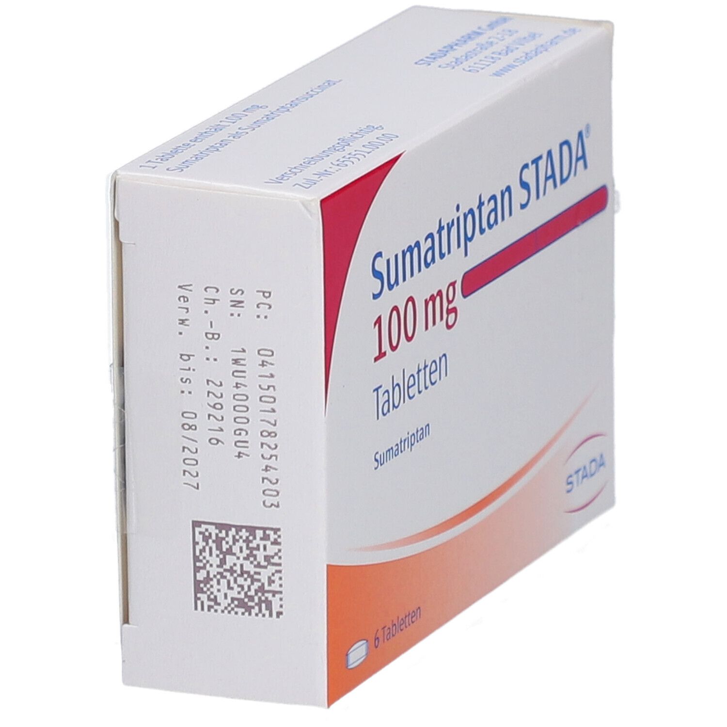 Schachtel mit Sumatriptan STADA 100 mg Tabletten. Sechs Tabletten. Rote und blaue Schrift auf weißem Hintergrund.