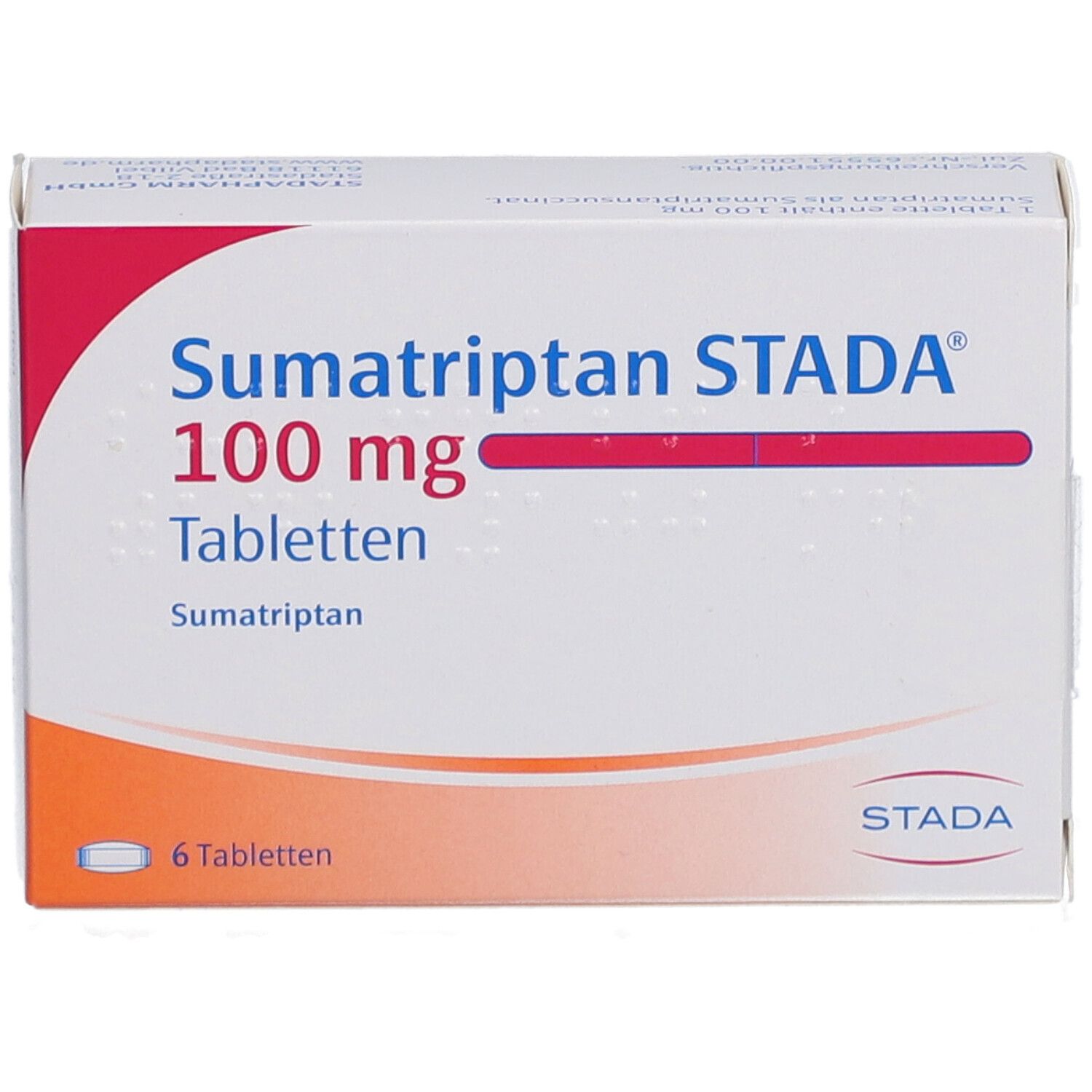 Schachtel mit Sumatriptan STADA 100 mg Tabletten. Sechs Tabletten. Rote und blaue Schrift auf weißem Hintergrund.