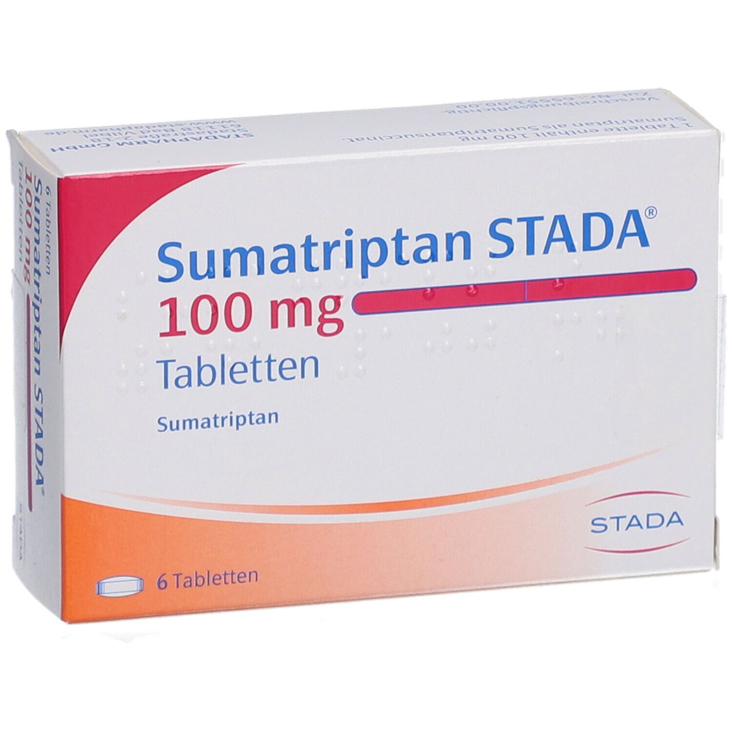 Schachtel mit Sumatriptan STADA 100 mg Tabletten. Sechs Tabletten. Rote und blaue Schrift auf weißem Hintergrund.