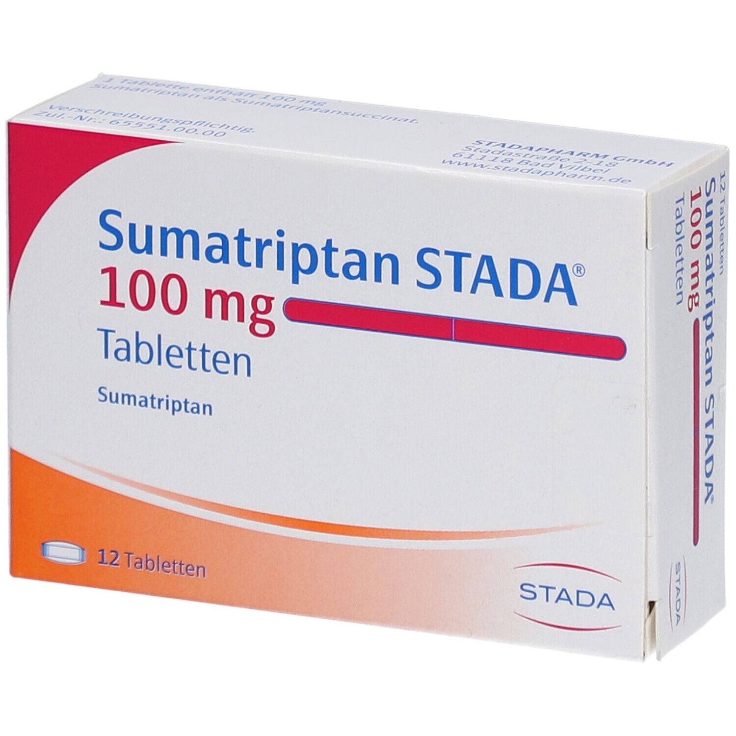 Schachtel mit Sumatriptan STADA 100 mg Tabletten. Aufschrift: 12 Tabletten. Rote und weiße Farbgebung.