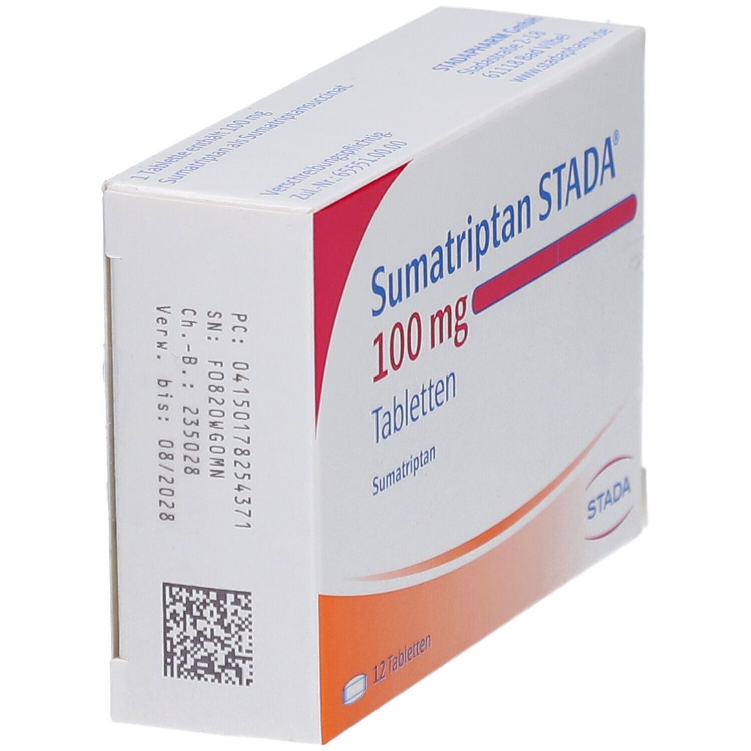 Schachtel Sumatriptan STADA 100 mg Tabletten. Seitenansicht mit Text und Barcode. Weiße und rote Farbgebung.