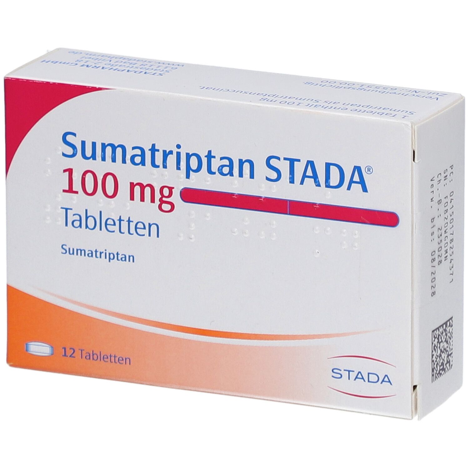 Schachtel mit Sumatriptan STADA 100 mg Tabletten. Aufschrift: 12 Tabletten. Rote und weiße Farbgebung.