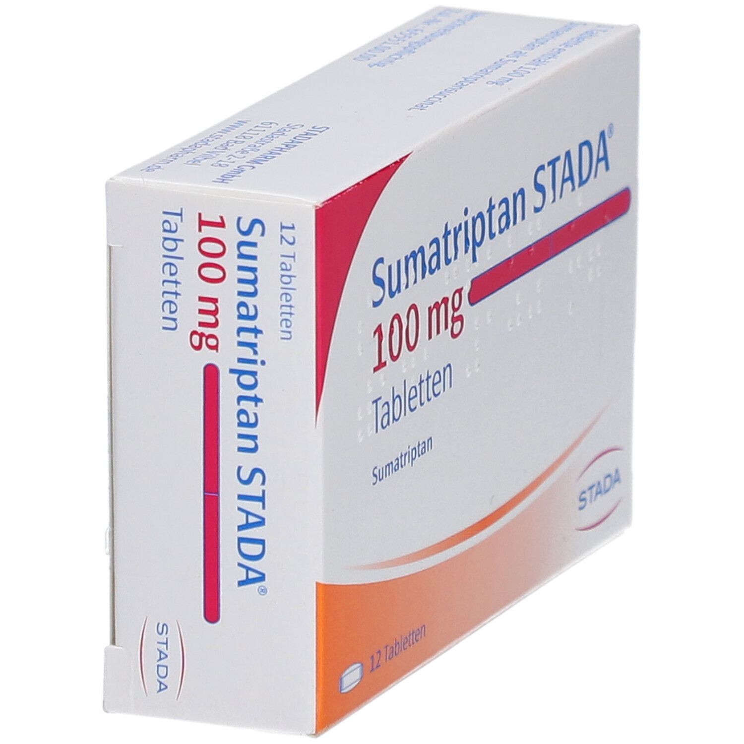 Schachtel Sumatriptan STADA 100 mg Tabletten. Seitenansicht mit Text. Weiße, rote und orangefarbene Farbgebung.