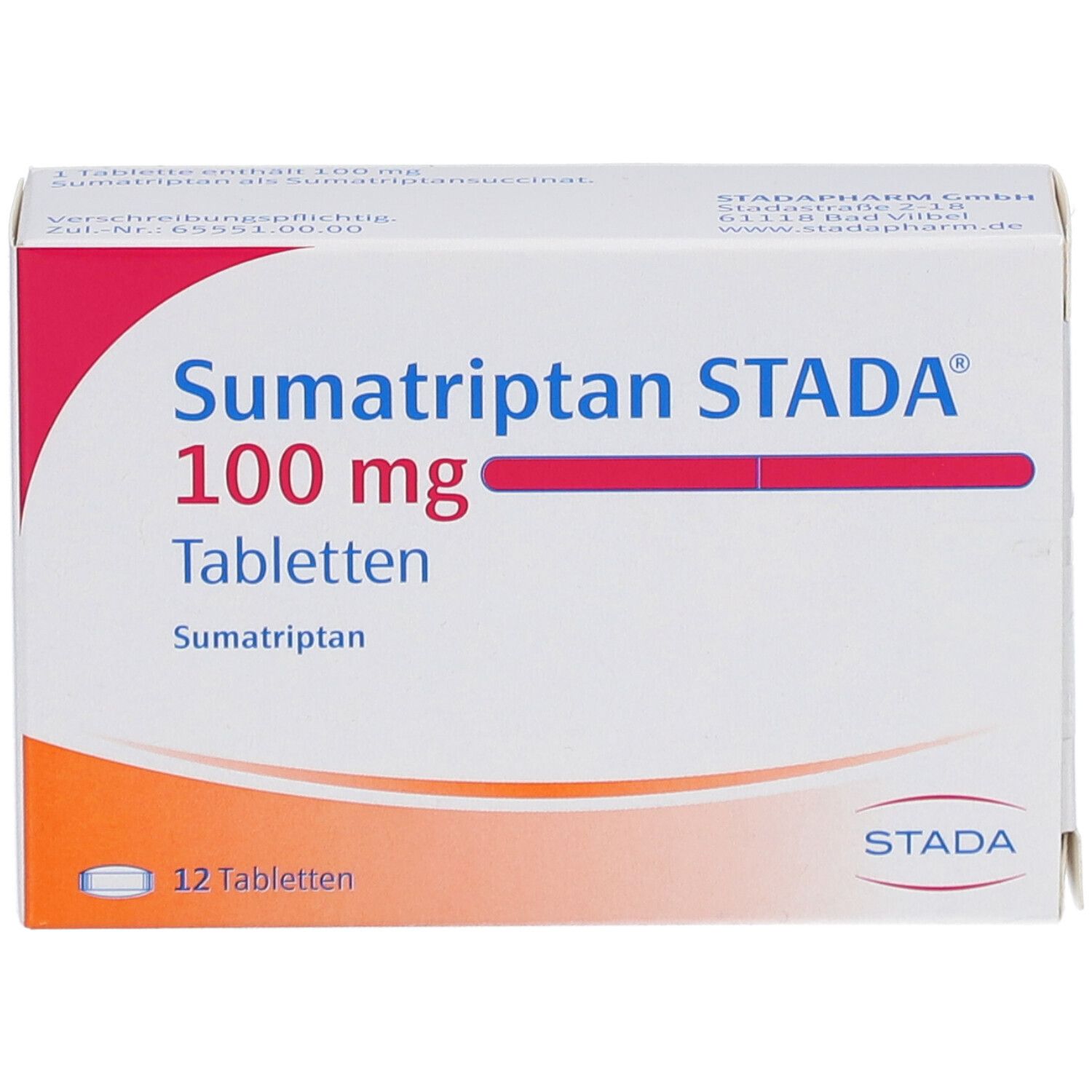Schachtel mit Sumatriptan STADA 100 mg Tabletten. Aufschrift: 12 Tabletten. Rote und weiße Farbgebung.