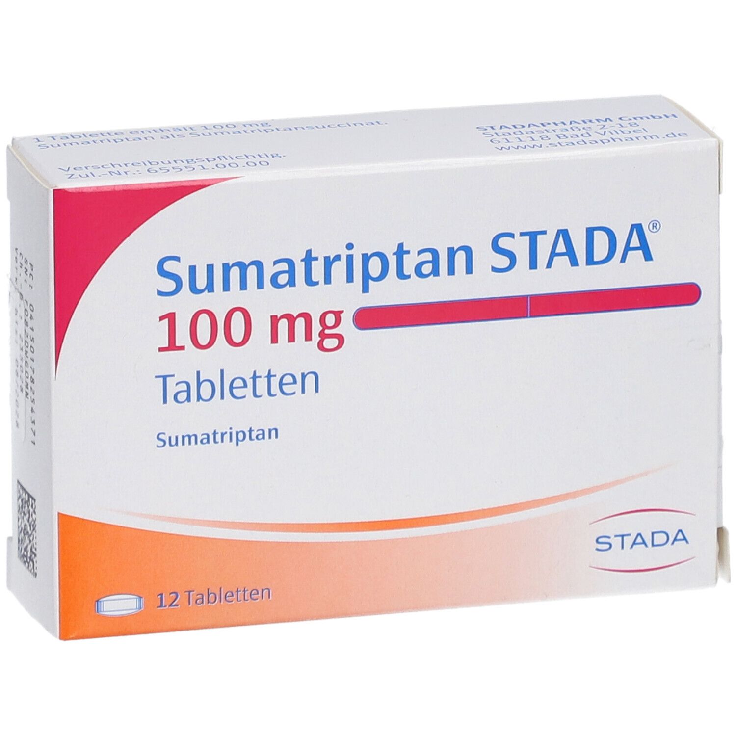 Schachtel mit Sumatriptan STADA 100 mg Tabletten. Aufschrift: 12 Tabletten. Rote und weiße Farbgebung.