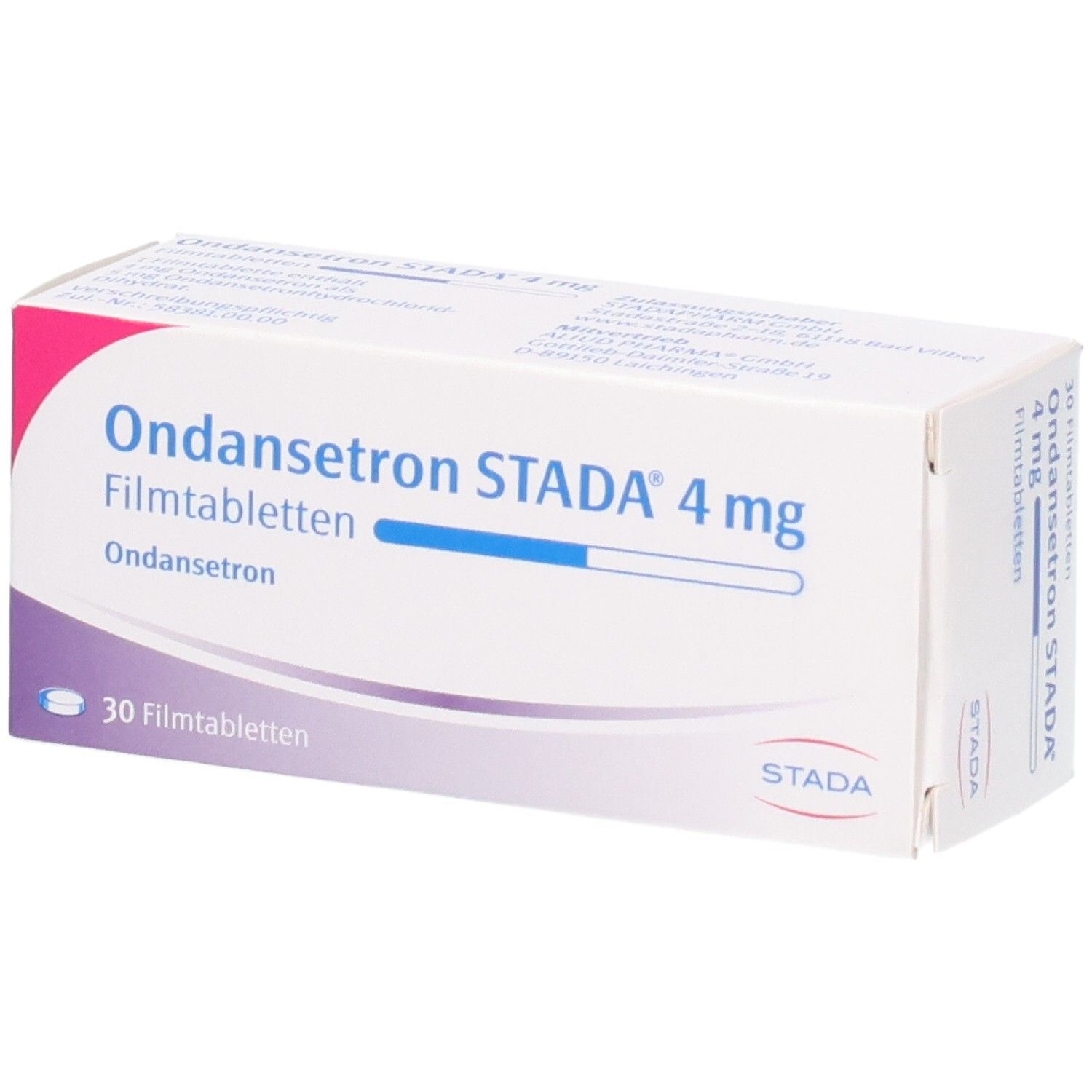 Packung Ondansetron STADA 4 mg Filmtabletten, 30 Stück.