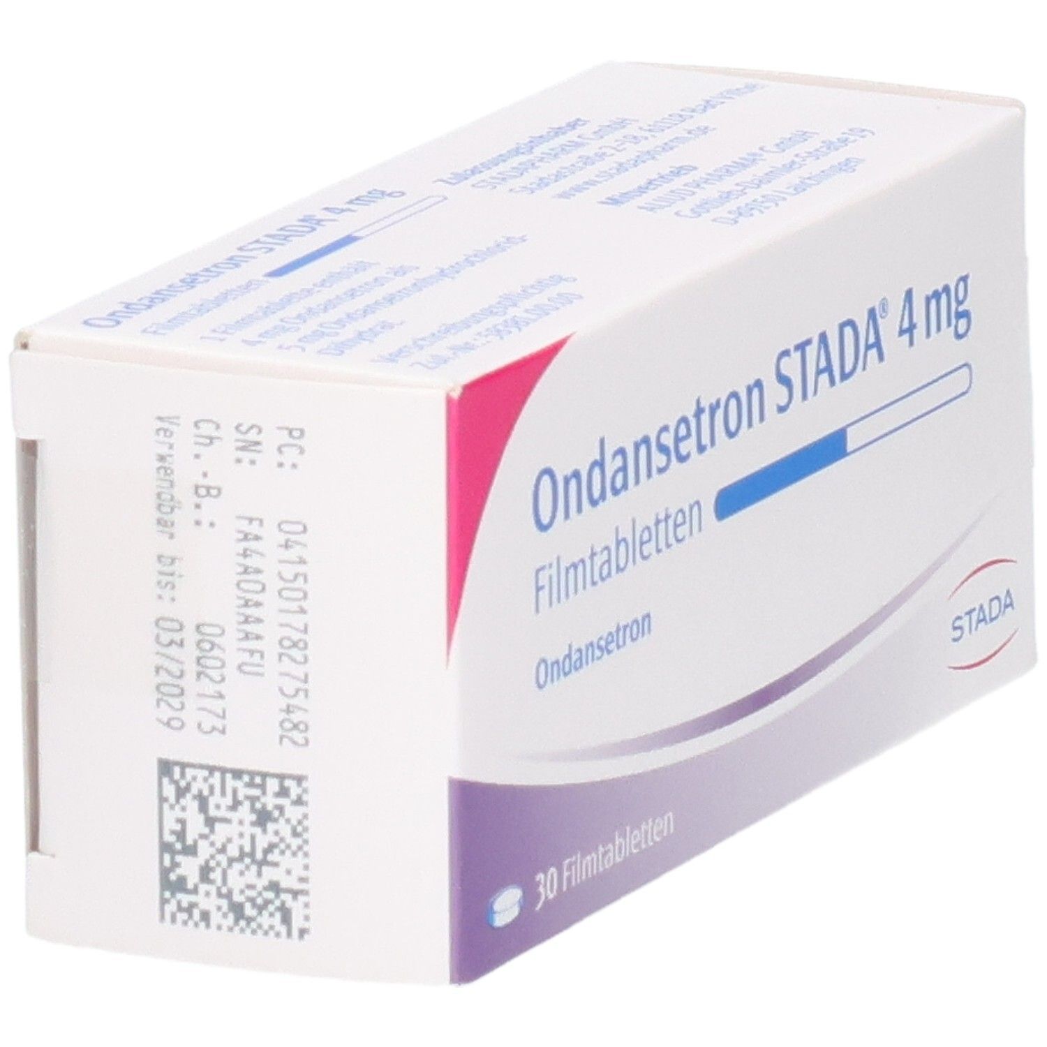 Packung Ondansetron STADA 4 mg Filmtabletten, 30 Stück. Seitenansicht mit Chargennummer und Verfallsdatum.