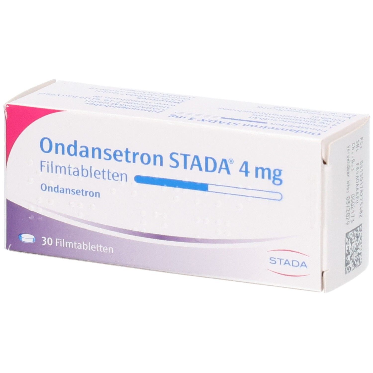 Packung Ondansetron STADA 4 mg Filmtabletten, 30 Stück. Leicht schräg von vorne.