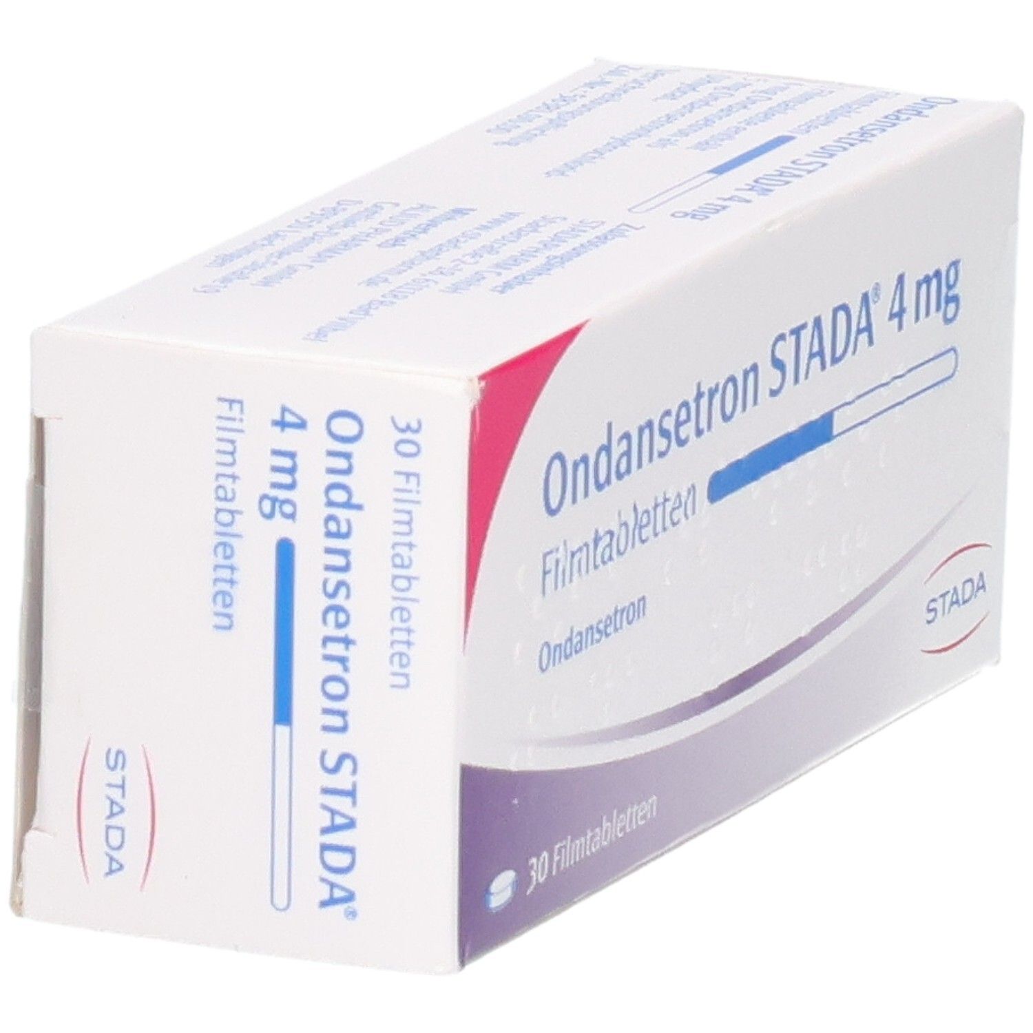 Packung Ondansetron STADA 4 mg Filmtabletten, 30 Stück. Seitenansicht.