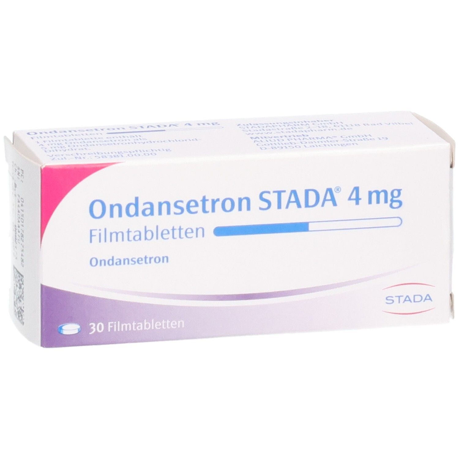 Packung Ondansetron STADA 4 mg Filmtabletten, 30 Stück. Vorderseite mit blauer Markierung.