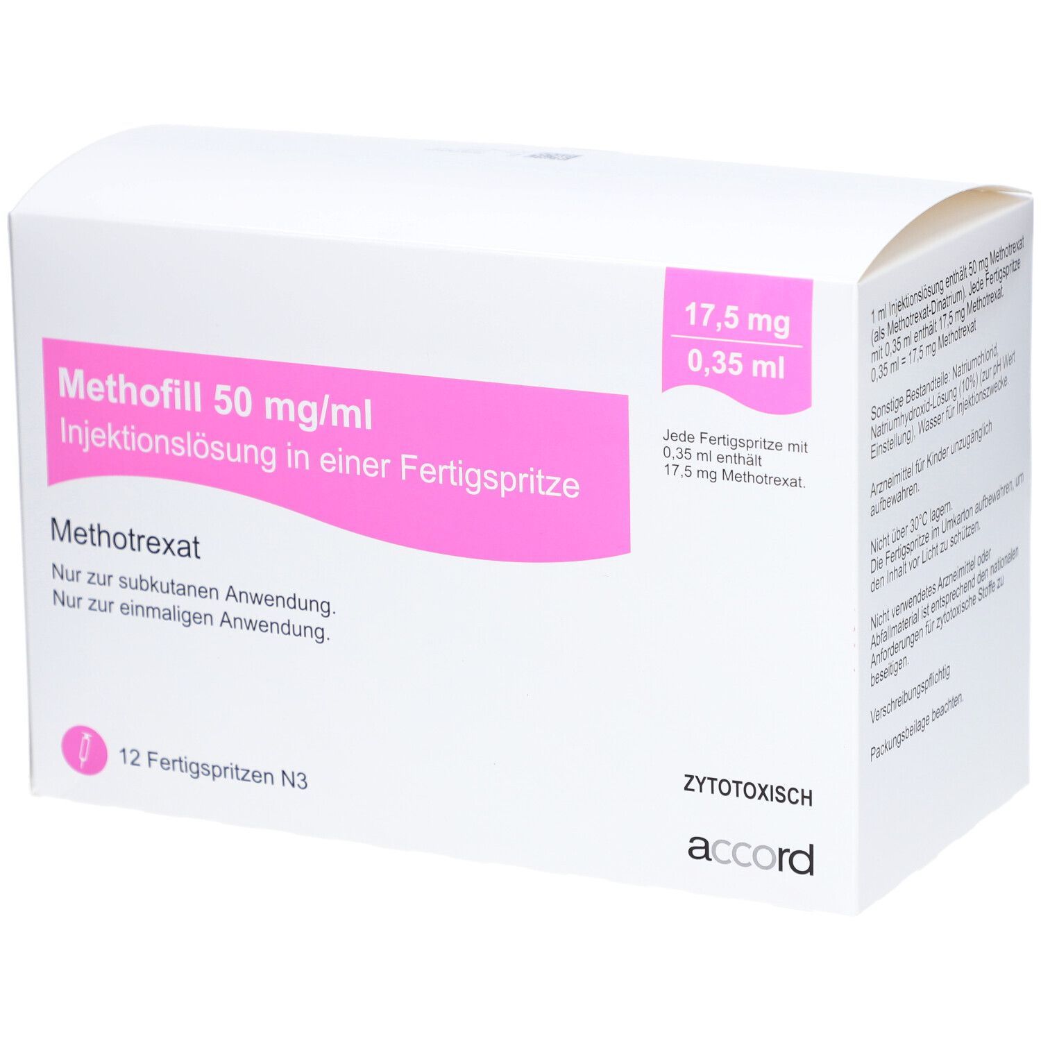 Weiße Faltschachtel mit rosa Akzenten. Aufdruck: Methofill 50 mg/ml Injektionslösung. 12 Fertigspritzen. Accord Logo.