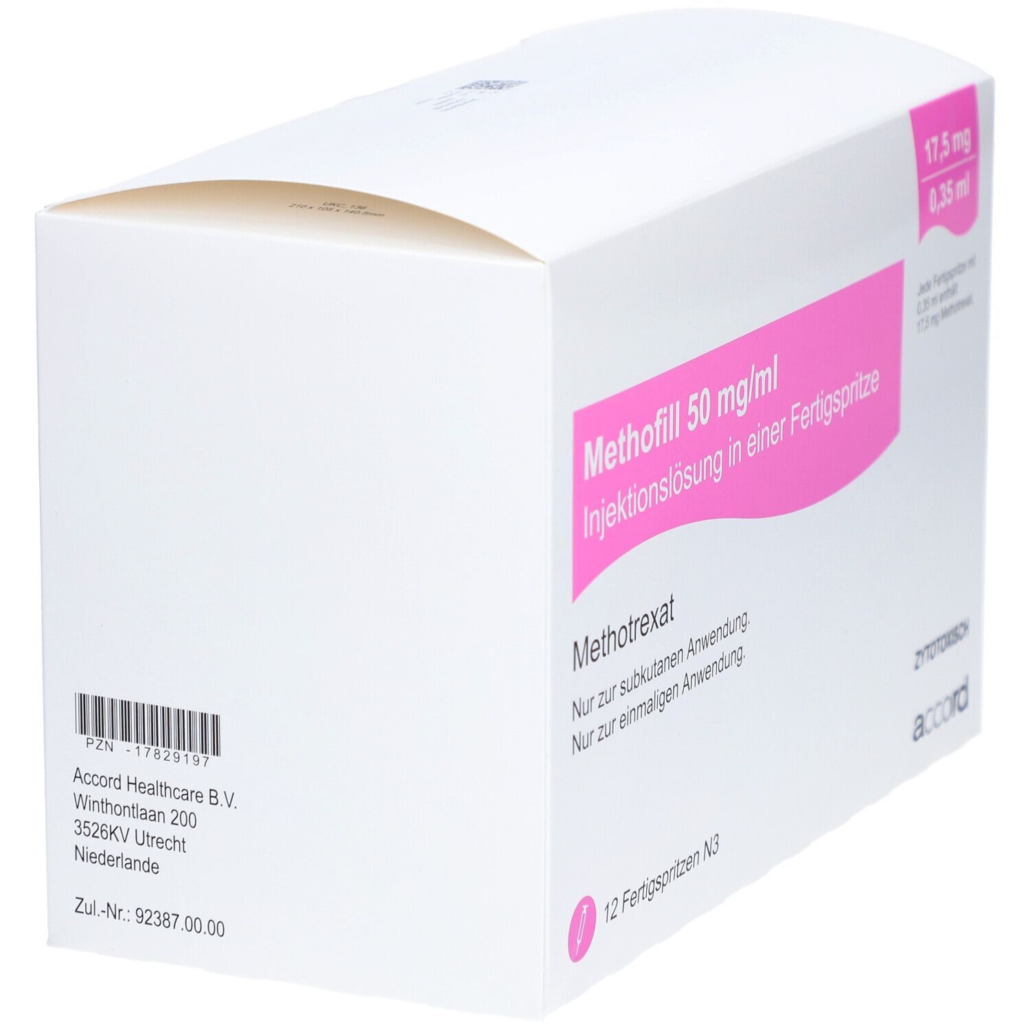 Weiße Faltschachtel, seitliche Ansicht. Aufdruck: Methofill 50 mg/ml. 12 Fertigspritzen. Accord Logo. PZN- und Adressinformationen.