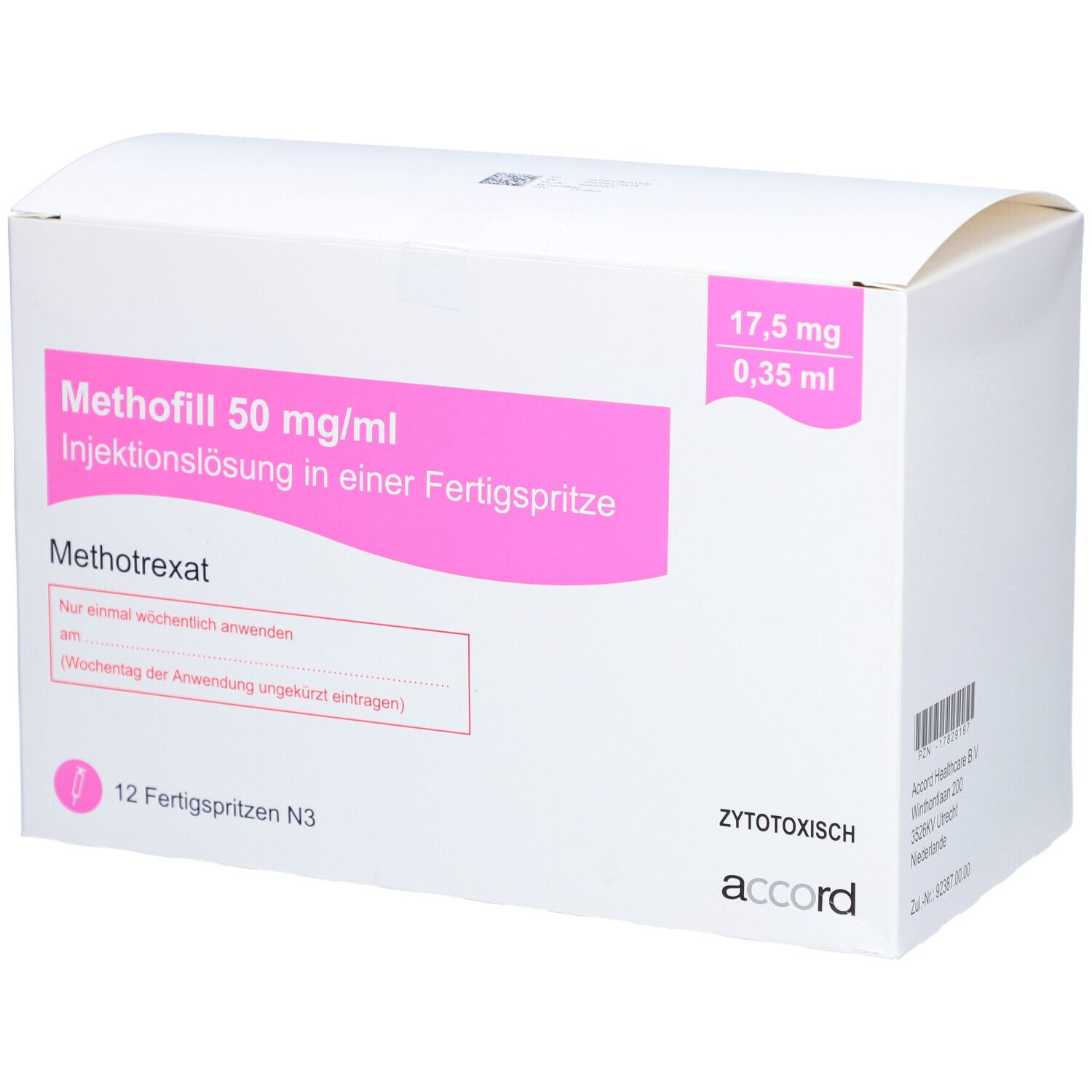 Weiße Faltschachtel mit rosa Akzenten. Aufdruck: Methofill 50 mg/ml Injektionslösung. 12 Fertigspritzen. Accord Logo. Textfeld.